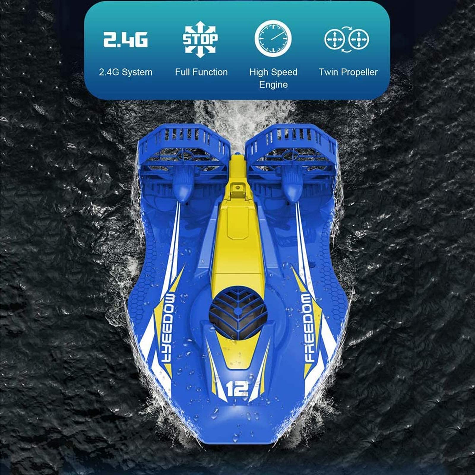 2.4GHz Bateau Télécommandé pour Aéroglisseurs Terrestres et Aquatiques Double Pouvoir, Rappel de Batterie Faible, Cadeaux de Jouets Nautiques pour Enfants et Adultes, Bleu