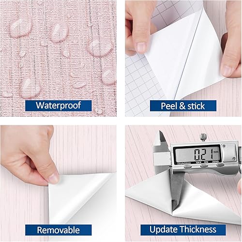 Miniatura 4 de FunStick Papel tapiz autoadhesivo para despegar y pegar, papel tapiz rosa pastel con textura, papel de contacto rosa extraíble para armarios,