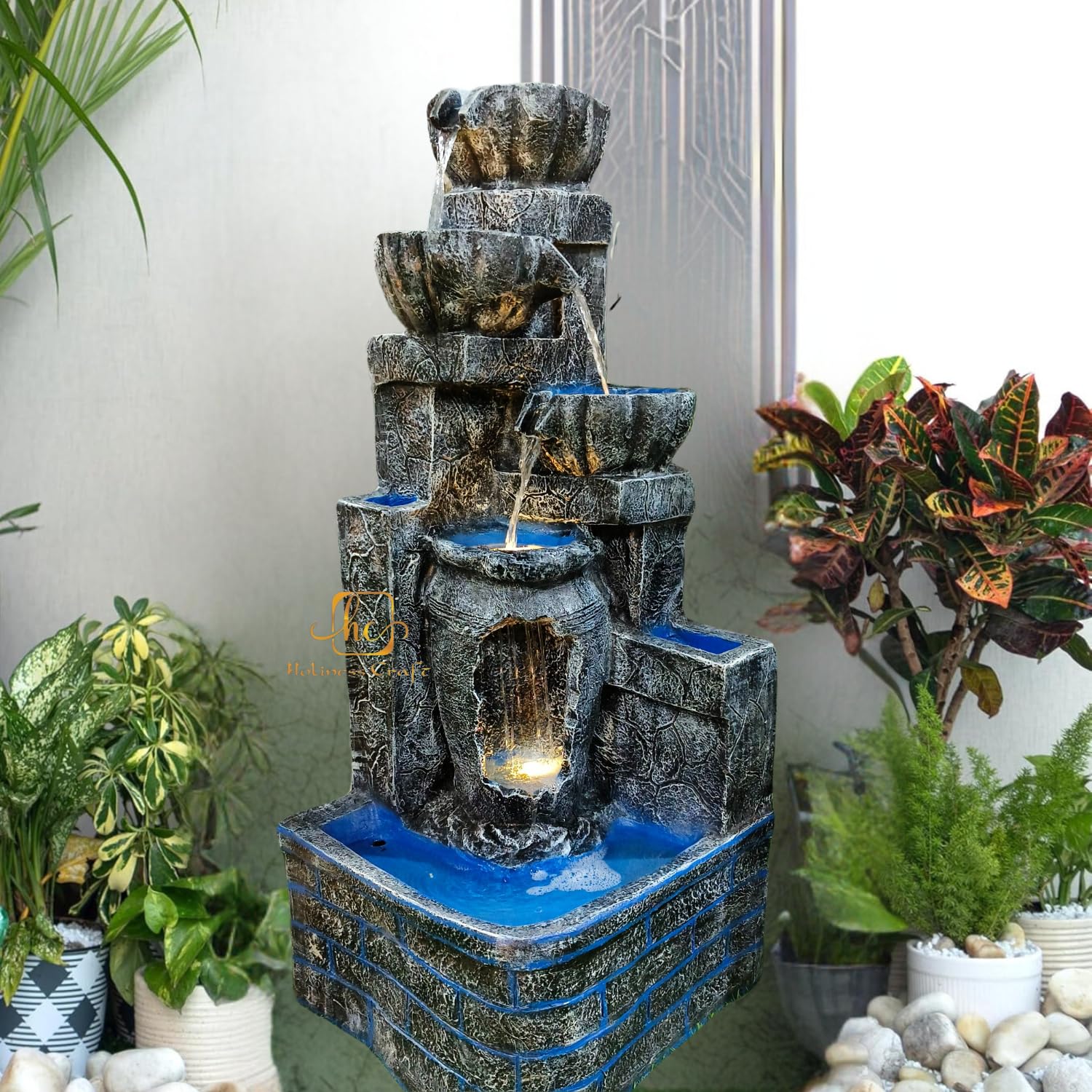 Big Diya Fountain 3.5 feet for Home Decor | 4 Step Stone Water Fountain Big Size | Water Fountain for Office, Garden | New Colorful Fountain for Home with led Light-image-21