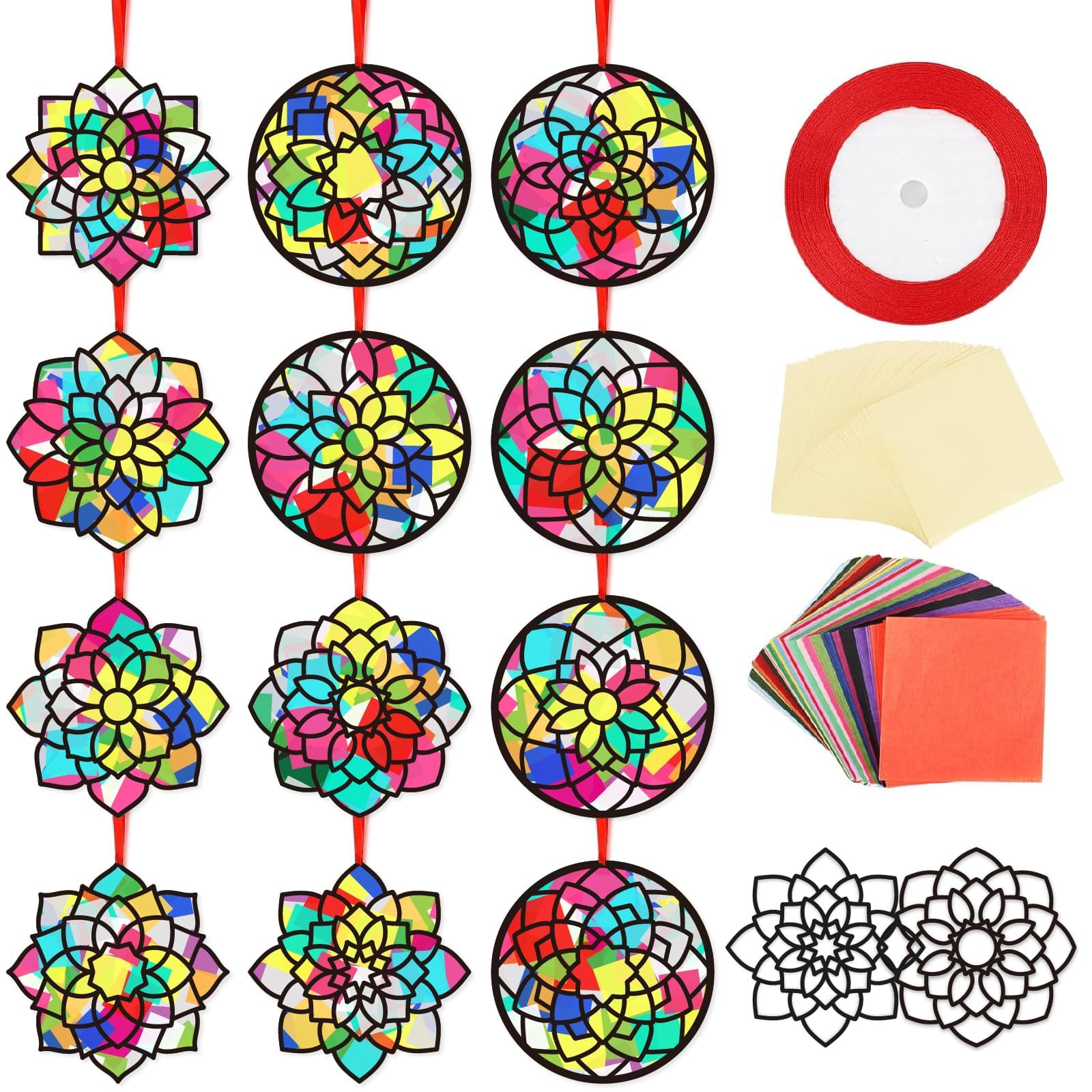 ZhowHoHo 24 Sets Mandala Crafts Kits Flower Paper Sun Catchers Art Kits DIY Tissue Paper Sign Make Your Own Flower Stickers Scene for Spring Home
