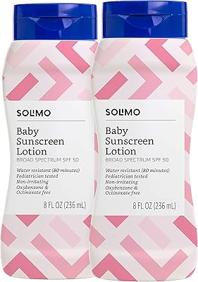 Amazon Brand - Solimo Baby Sunscreen SPF 50, Reef Friendly (Octinoxate & Oxybenzone Free), 8 Fluid Ounce (Pack of 2)