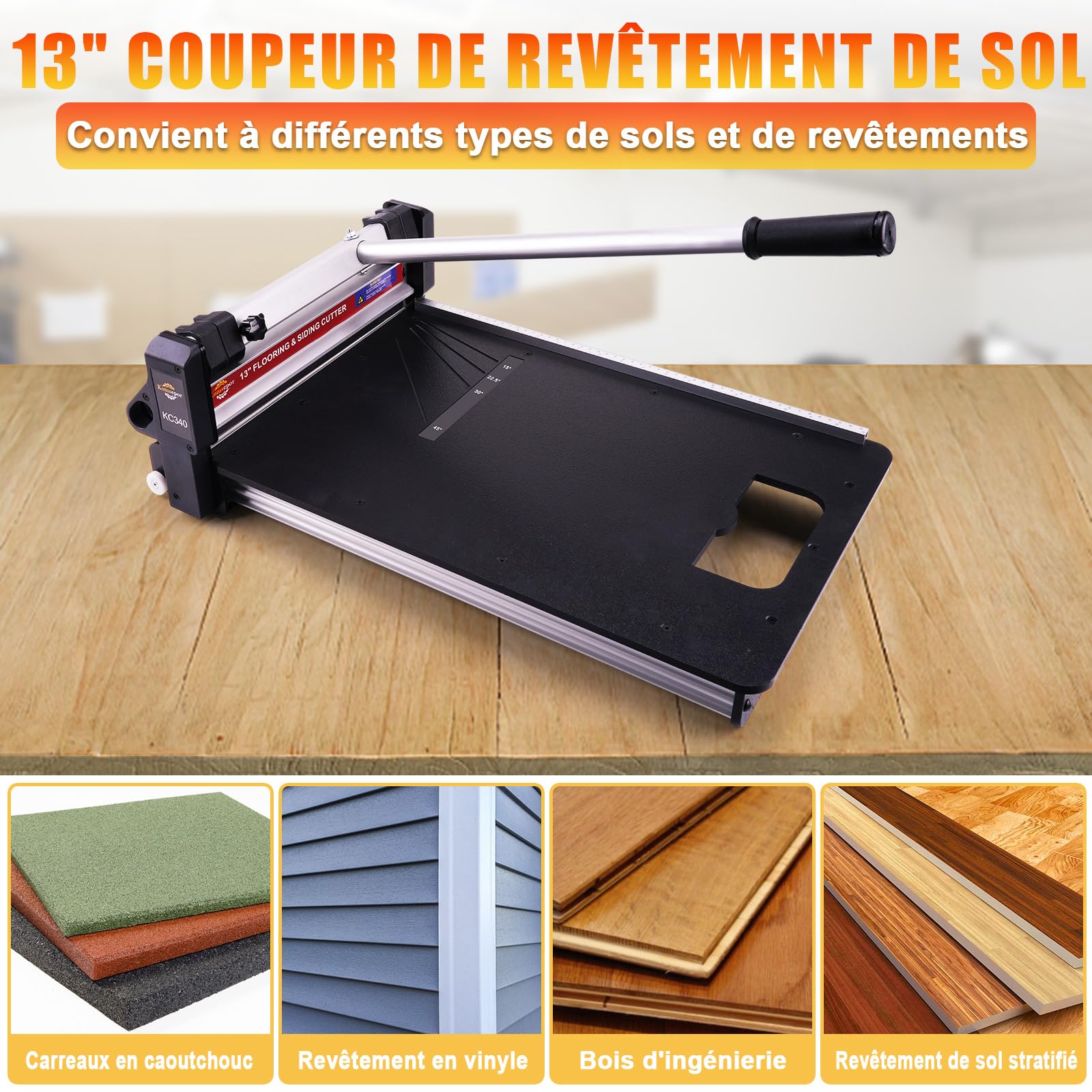 Komsepor 13" Découpeur de parquet avec angle de précision intégré pour PVC, WPC, LVT, SPC, VCT, stratifié, bardage et autres ; 16 mm d'épaisseur maximum (type carré)