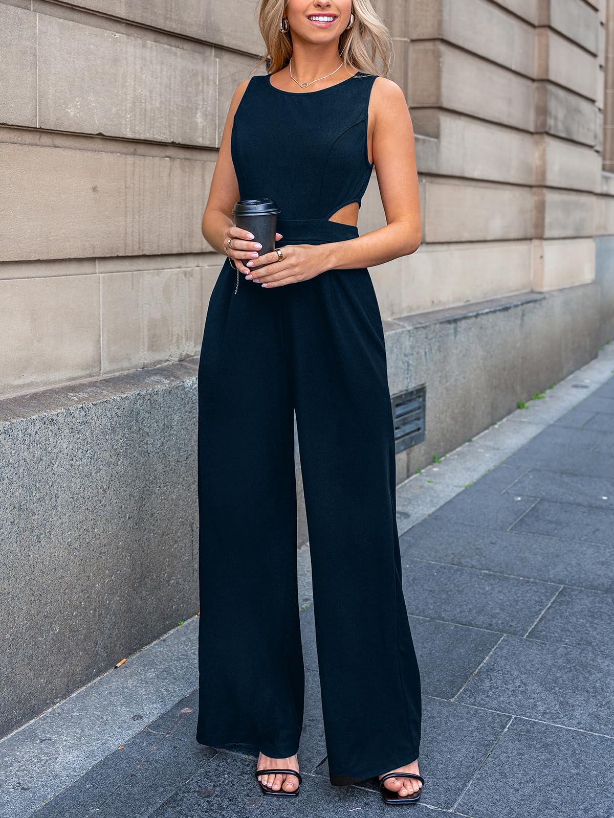 CUPSHE Damen Jumpsuit Cutout Rundhals Ärmellos Overall Rückenfrei Weites Bein Lang Playsuit Elegant Büro Hosenanzug