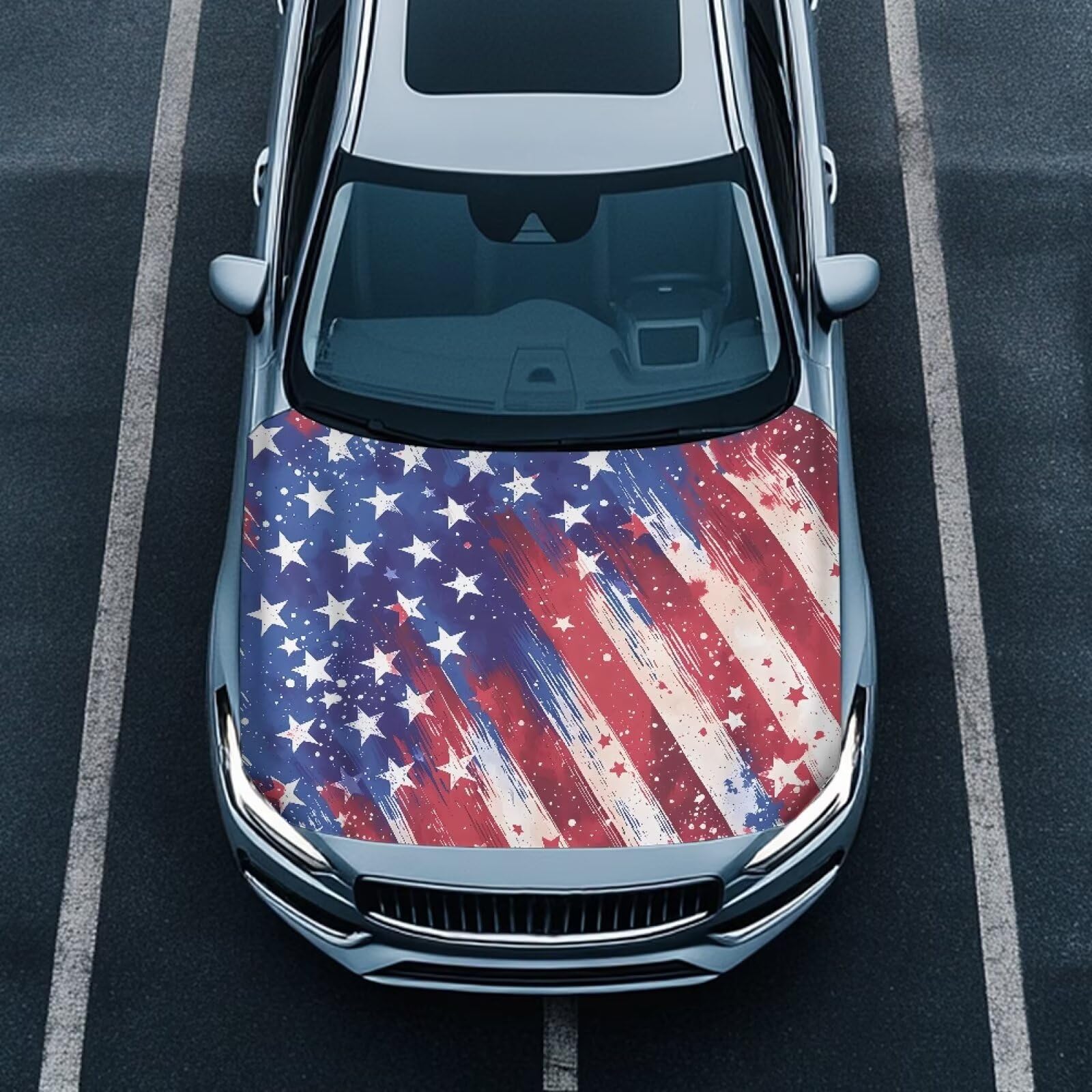 Car Hood Cover 59×39 Inch Stretchable Wolf and American Flag Print Auto Hood Wraps Waterproof Auto Outdoor Decorations for Compact Sedans SUV Trucks Minivan