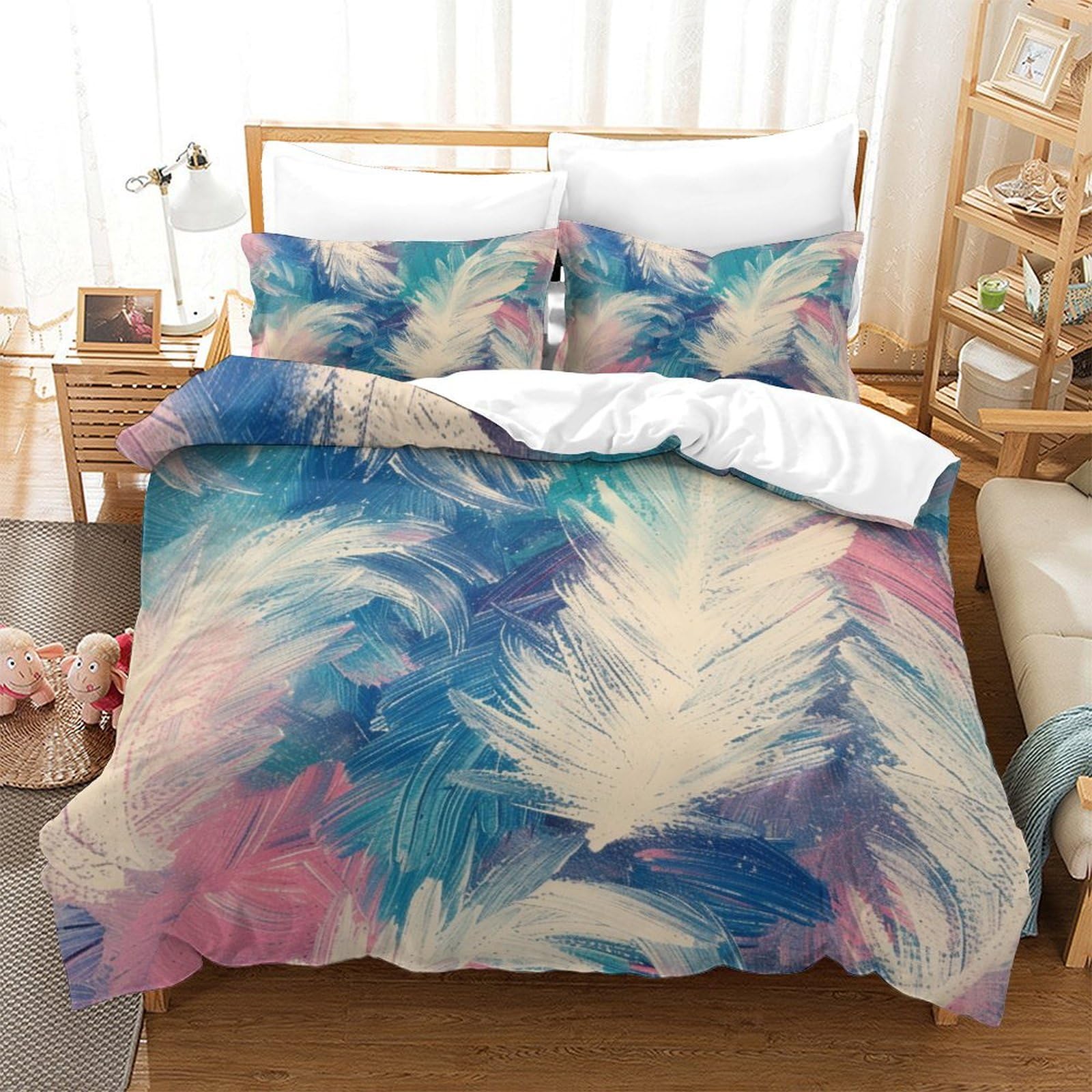 P1S9U7W5Y 3D Printed Abstract Feather 3pcs Microfiber Duvet Cover Set Colourful Feather Bedding Set King（220x240cm）