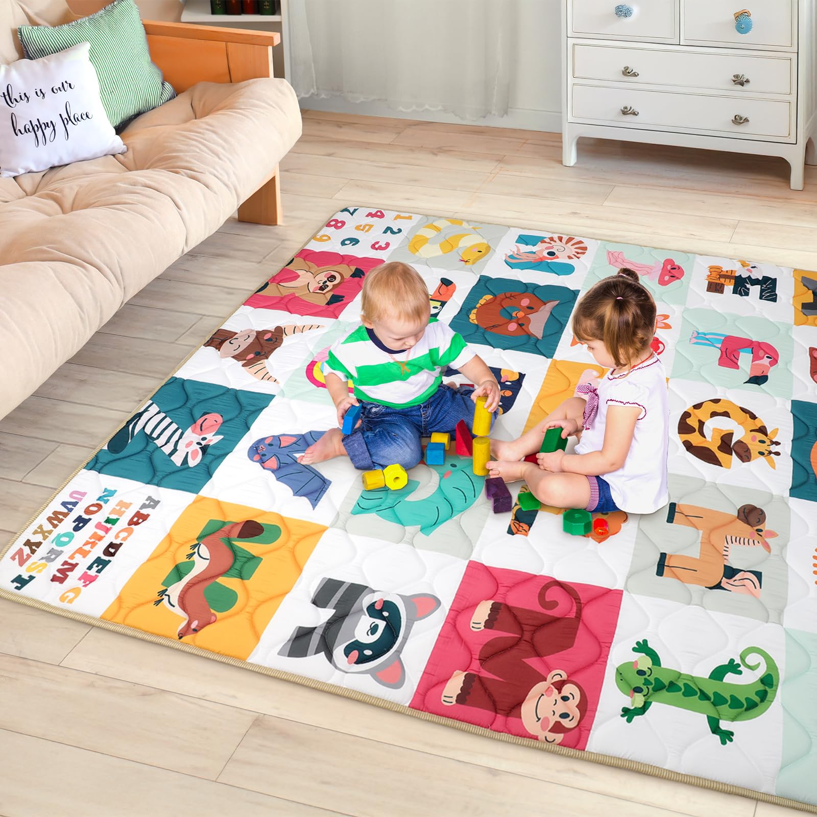 decalsweet Tappeto Gioco Bambini 150×180cm, Addensato 2cm Tappeto Gioco Neonato, Antiscivolo Pieghevole Tappeto Cameretta Bambina & Bambino, Tappeto Tummy Time Neonati (Alfabeto degli Animali)