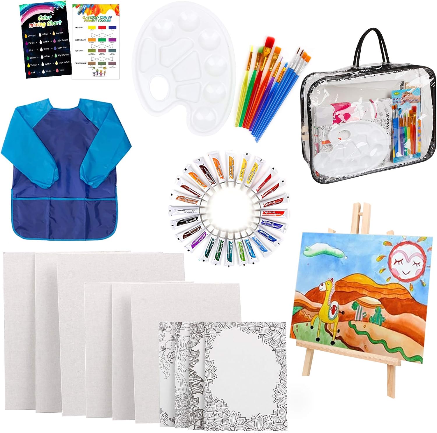 Paint Set for Kids, 48 Piece Kids Art Set Paint Easel Includes 24 Acrylic Paints, Table Top Easel, Art Smock, 6 Paint Brushes, 12 Pcs 8x10 Canvas, Paint Palette, Art Set for Kids (Travel Bag Included)