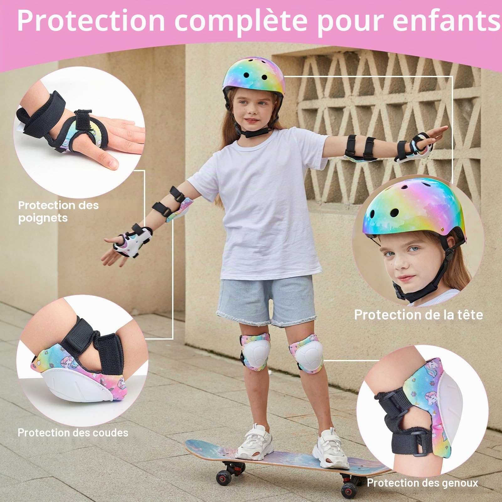 Casque Vélo Enfant 3-8 Ans avec Genouillères Coudières Protège-Poignets Réglables Kit Protection Rollers Skate Trottinette