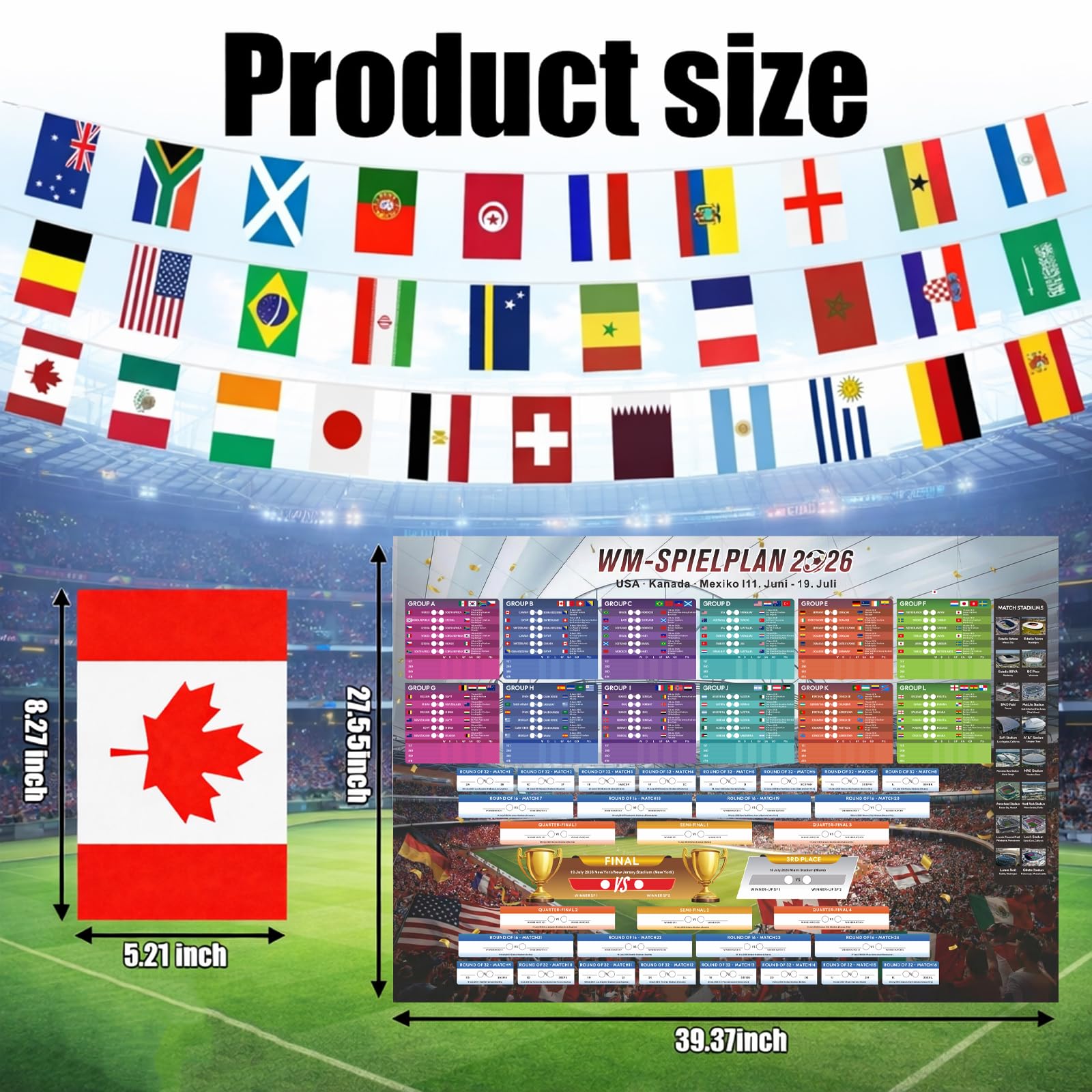 Calendario dei mondiali 2026, articolo per tifosi, set da 49 pezzi con bandierine lunghe 15 m con 48 bandiere nazionali e poster da parete da 70 x 100 cm, decorazione per eventi di calcio