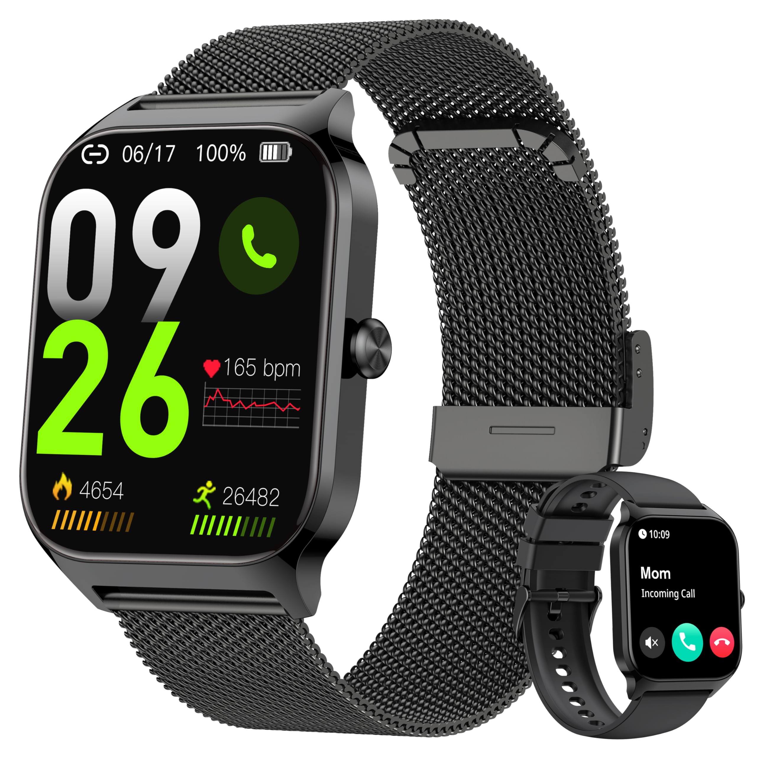 Popglory Smartwatch Uomo Donna, 1.85" Orologio Chiamate, Assistente AI, 100+ modalità Sportive Fitness Watch, Frequenza Cardiaca/SpO2/Pressione Sanguigna/Sonno/Stress, Regalo Android iOS (2 Cinturini)