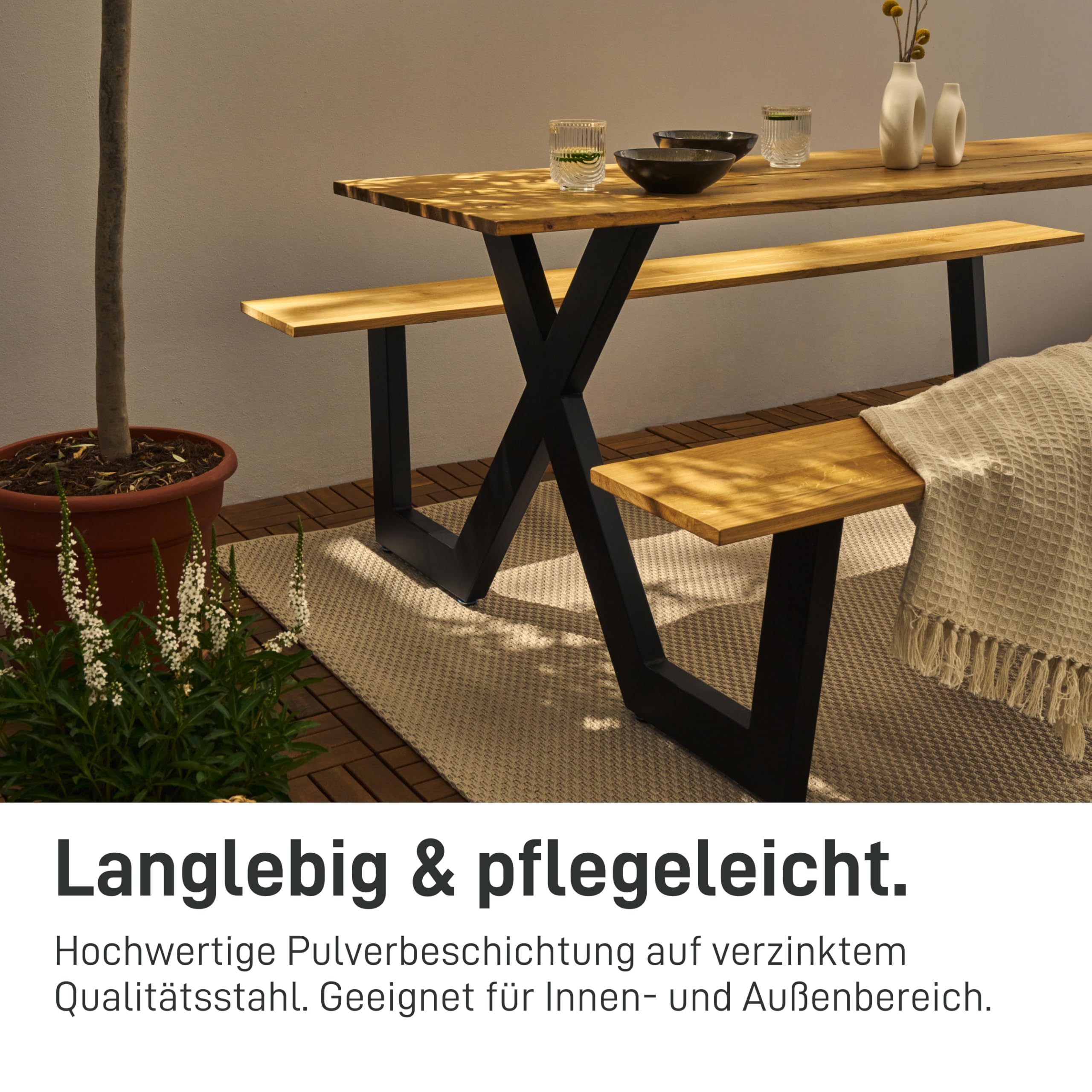 Natural Goods Berlin Sitzgruppe X-Form - DIY Bierzeltgarnitur 2X Tischbeine Metall Schwarz mit Bank - Picknicktisch Sitzgarnitur Outdoor - Tischkufen Bank mit Tisch - Stahl Tischfüße 138 cm x 70 cm