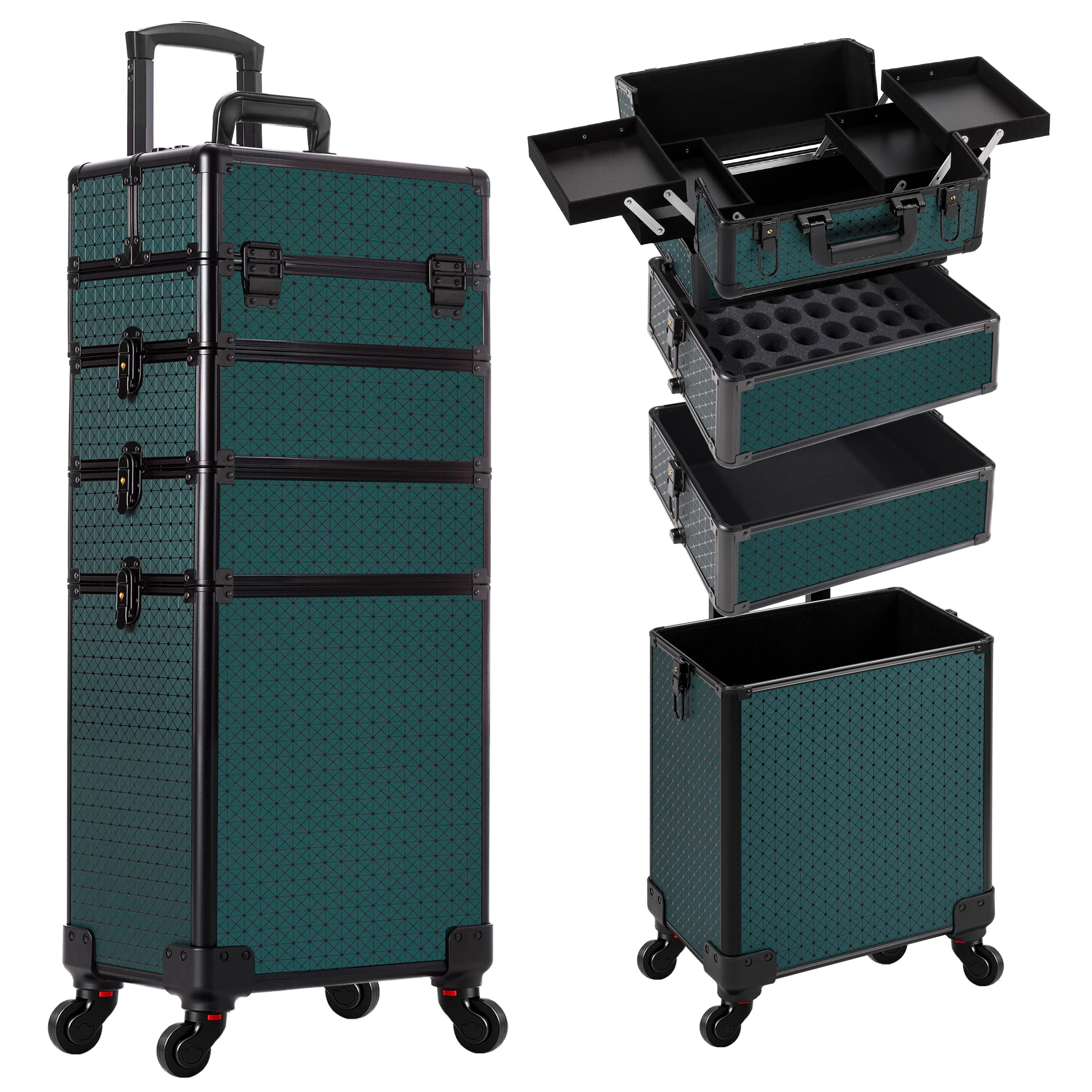 Arous 4-in-1 Professioneller Make-up-Zugkoffer, multifunktionaler Kosmetikwagen mit 360° drehbaren Rädern, Schlüsseln, großer Stauraum, Reisewagen, Kosmetik-Zugkoffer für Nageltechniker
