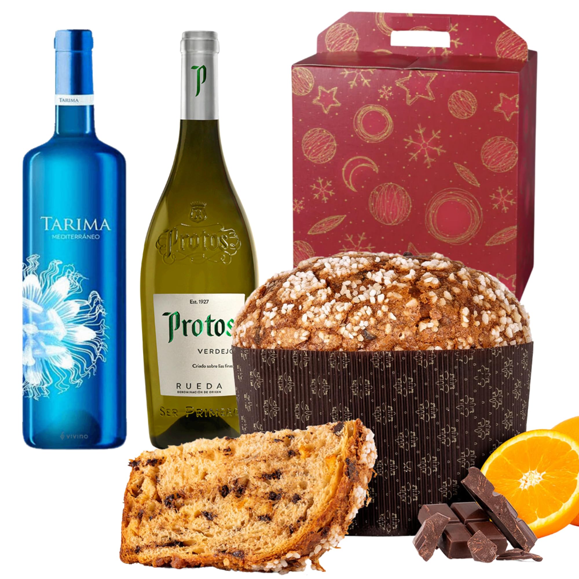 ENOVINOS Cesta Gourmet Regalo Navidad Empresas, Familia y Amigos - Caja con Vino Vino Blanco Protos Verdejo, Tarima Mediterraneo y Panettone Antonella Chocolate