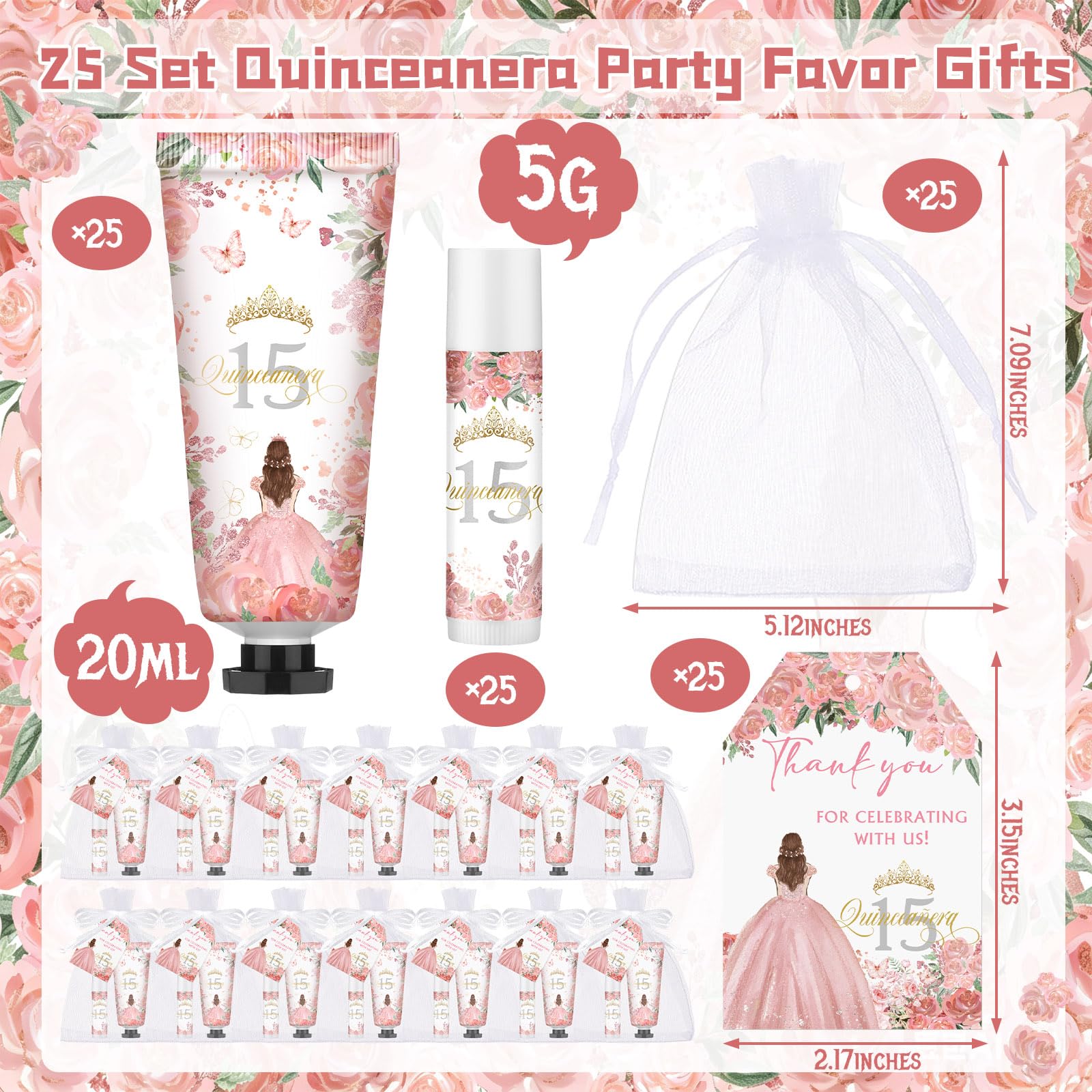 Leelosp 25 Set/100 Pcs Quinceanera Party Favor for Guest with Travel Size Hand Cream, Lip Balm, Card, Organza Bags Quinceanera Gift Set Sweet 15th Party Supply Birthday Souvenir (Pink)