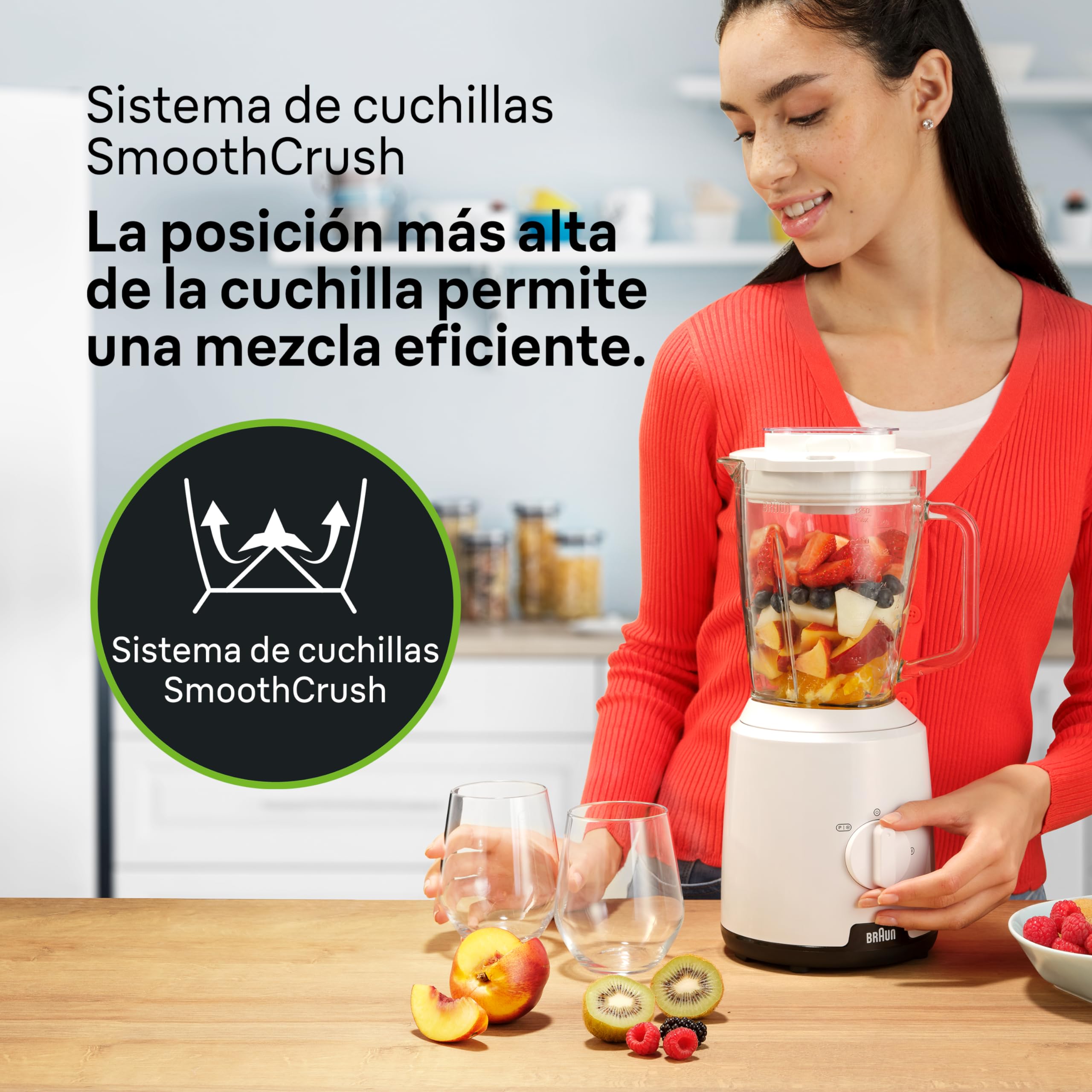 Braun PowerBlender 1, Batidora con Jarra Triangular Única en Vidrio, 2 Velocidades, Función de Trituración de Hielo, JB1050WH, 600W, Blanca