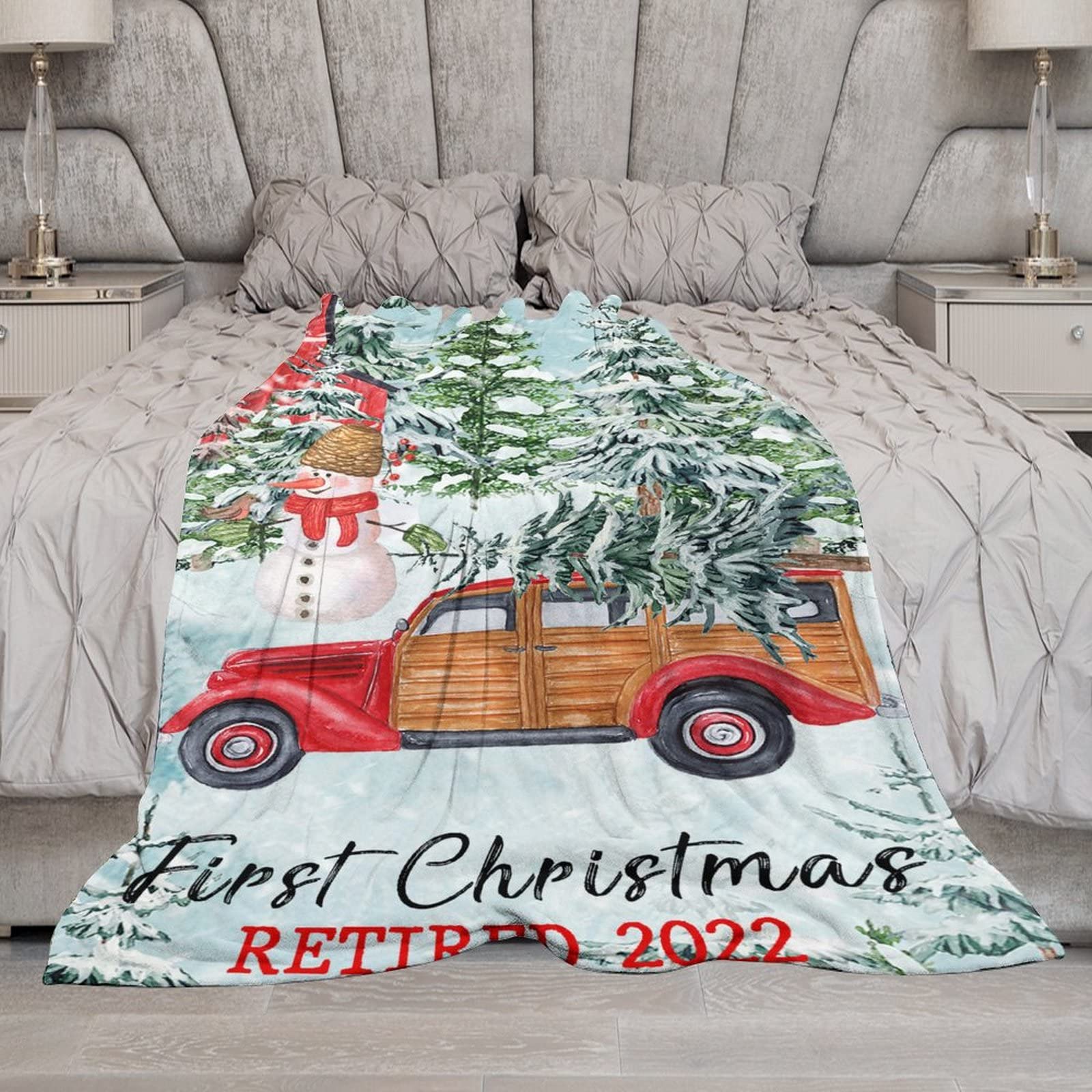 Coperta morbida e confortevole per il primo Natale in pensione 2022 Coperte di flanella Natale Nero Pupazzo di neve Camion Fattoria Coperta di Natale Divano Gettare Coperta soffice 150x200cm