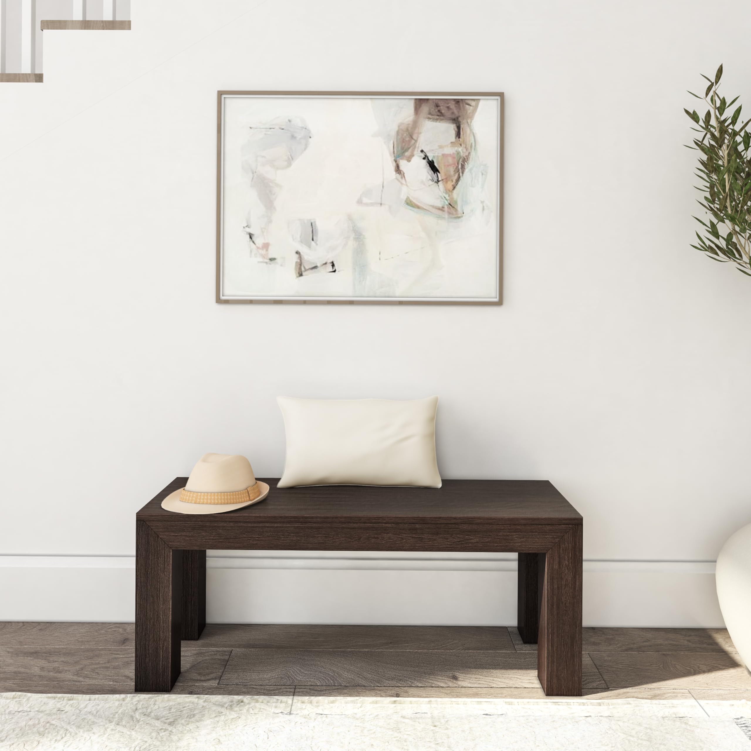 Plank+Beam Modern Walnut Wirebrush Bench, 124.5Cm Dining Bench, Solid Pine Wood, Straight Wood Legs, Easy Assembly, 3 Seater - Image 2