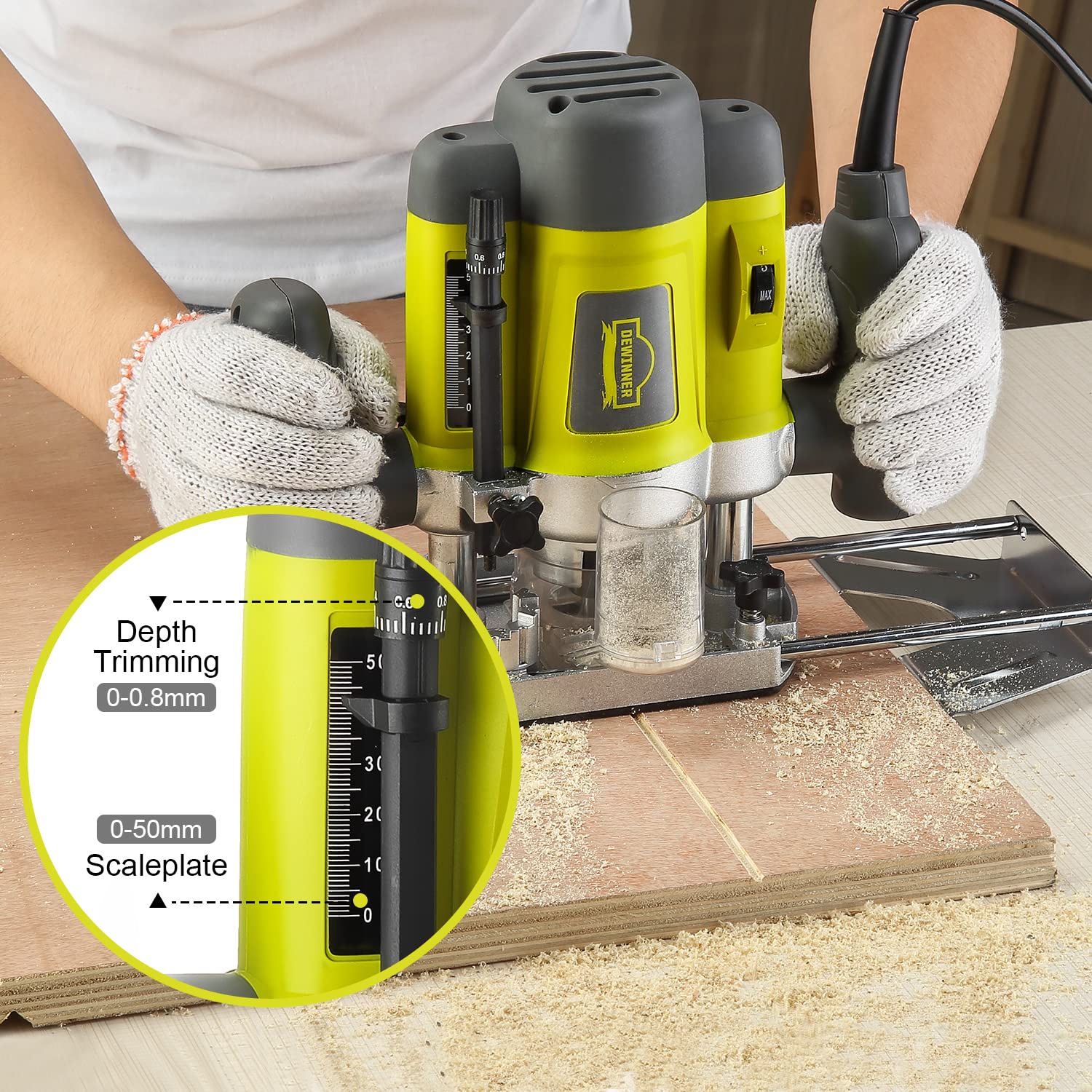 DEWINNER Elektronik Oberfräse Fräser 1200W,Ø 6 und 8 mm,Drehzahlregelung, Parallelanschlag, Absaugadapter, Set 12-teilig