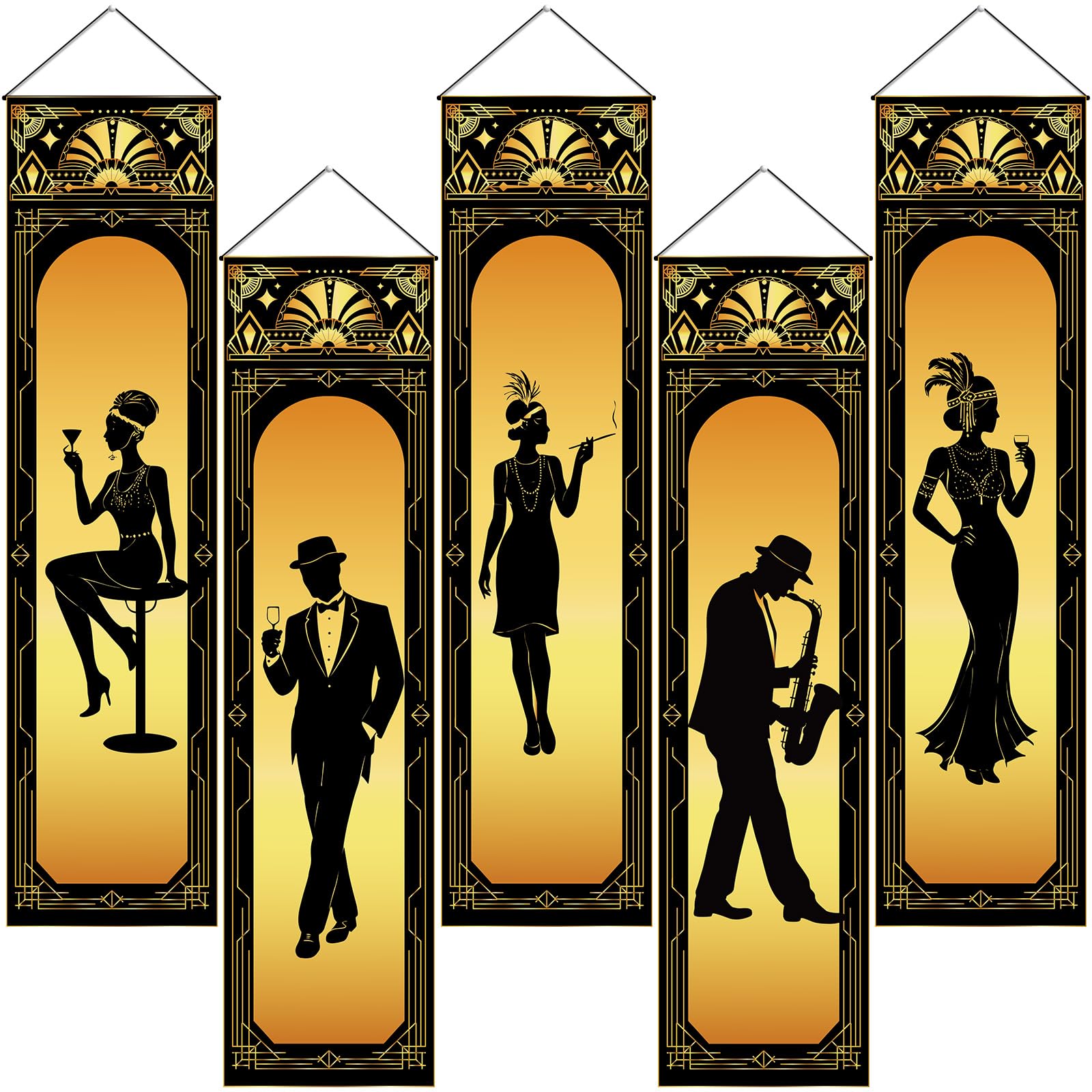VitalCozy 5 Pcs Roaring 20s Party Decorations Black Gold 1920s Hanging Banner