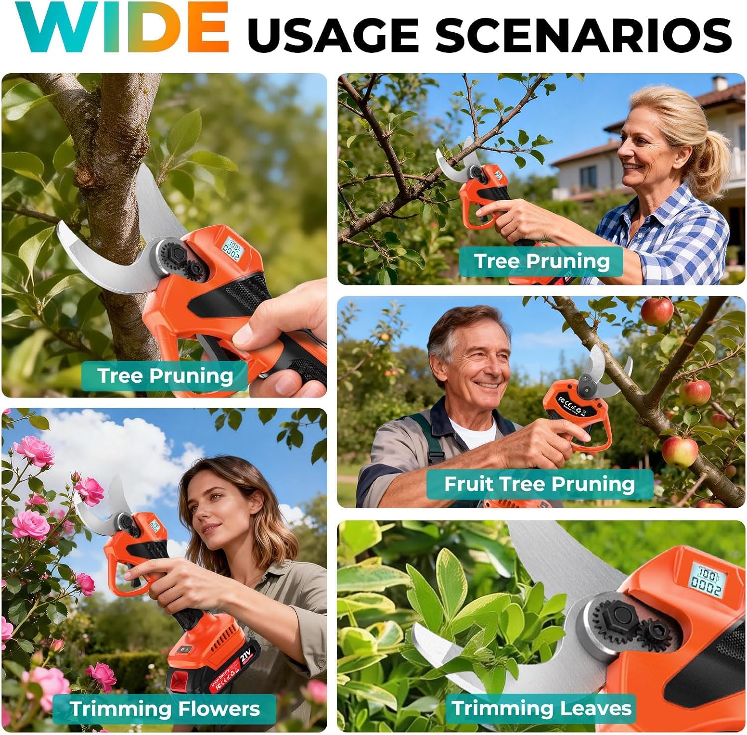 Tijeras de Podar Eléctricas, 33mm Tijeras de Podar Bateria con 2 x 2 Ah Baterías,21V Motor Sin Escobillas,Pantalla LCD y SK7 Cuchillas, Ligera Tijeras Podar para Jardinería, Árboles Frutales, Rosales