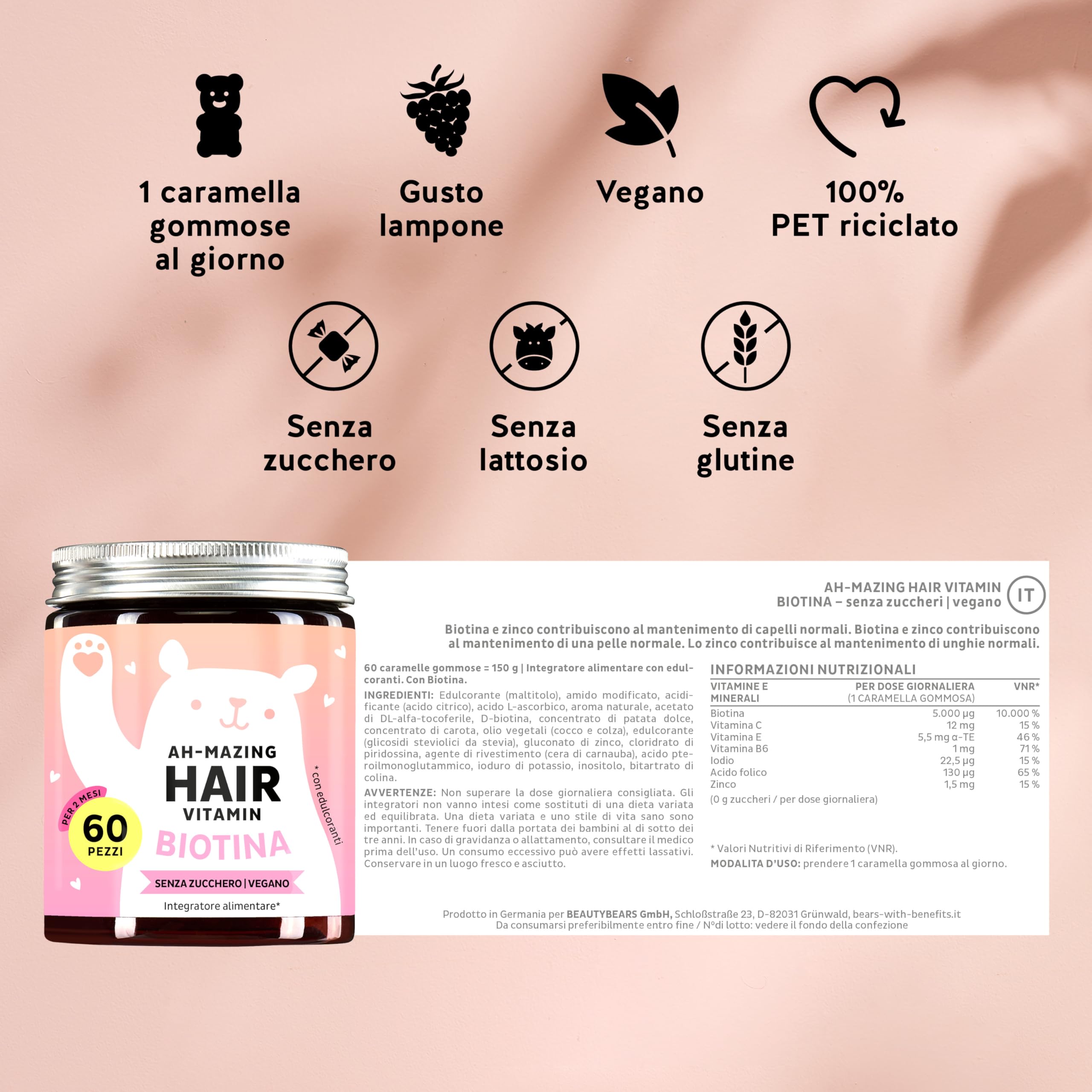 Caramelle Gommose Biotina Ah-mazing Hair, Confezione da 3 – Vitamine per Capelli, Pelle e Unghie – 5000 µg di Biotina e Vitamina C – 180 Pezzi (6 Mesi), Vegano, Senza Zucchero, Bears with Benefits