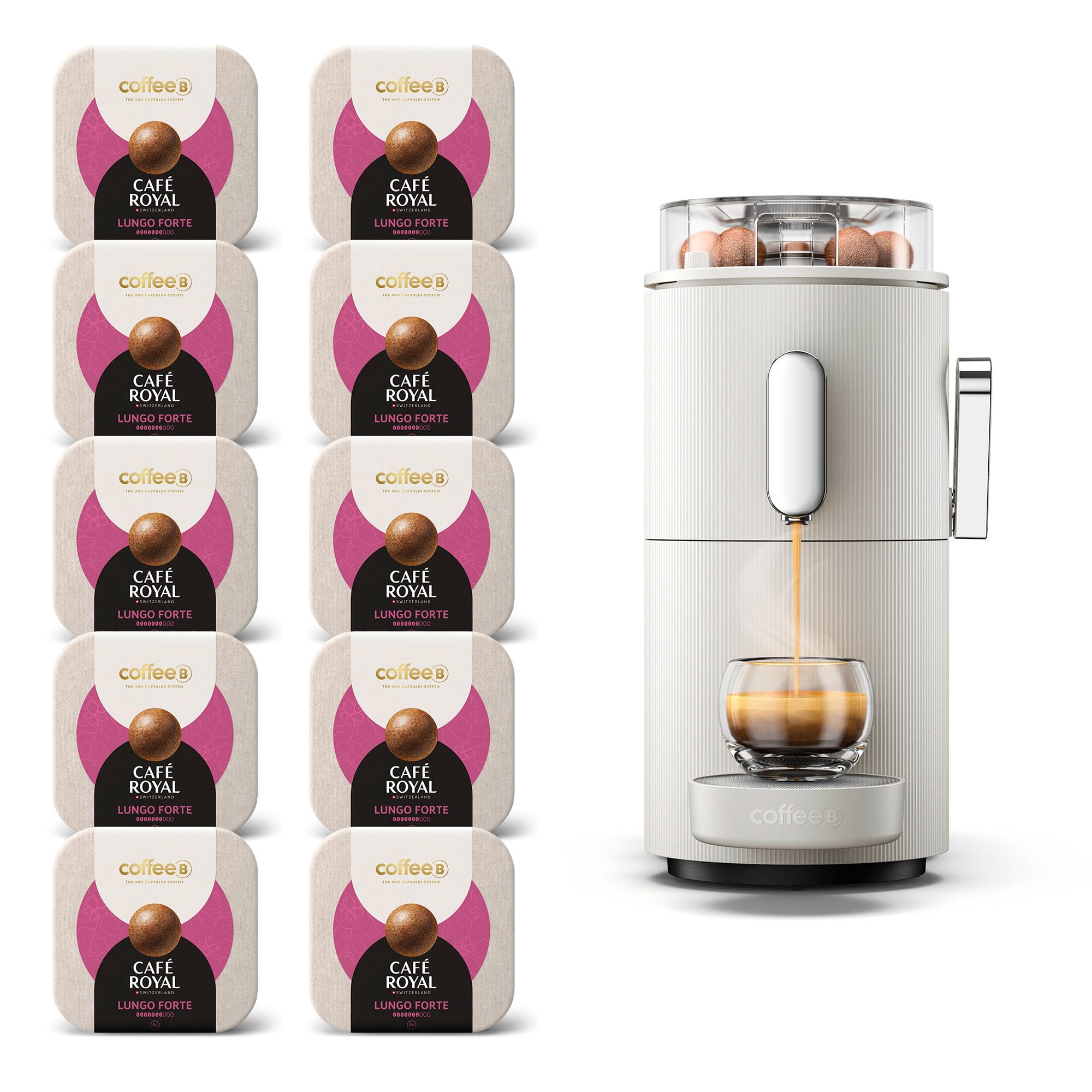 CAFE ROYAL SWITZERLAND PROFESSIONAL Machine à Café CoffeeB Globe Blanc 1.3L avec 90 Coffee Balls Lungo Forte - 100% Compostables