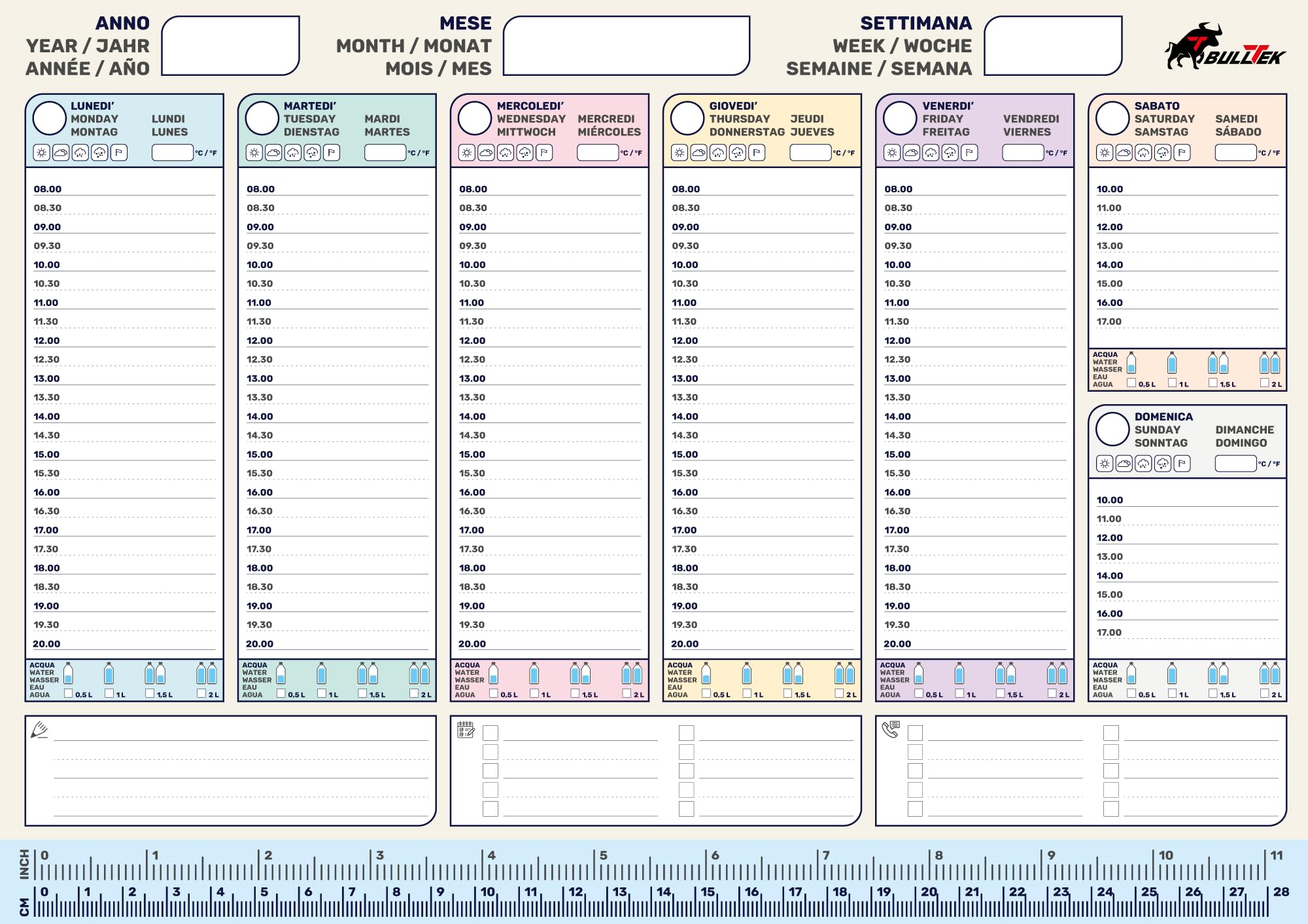 BullTek - Multilingual A4 Weekly Planner | 50 Sheets, Ruler, Pastel Colours | For Professionals & Students | Track Weather & Hydration | Perpetual Use, 21 x 29.7 cm, Paper, Pastel - Image 4