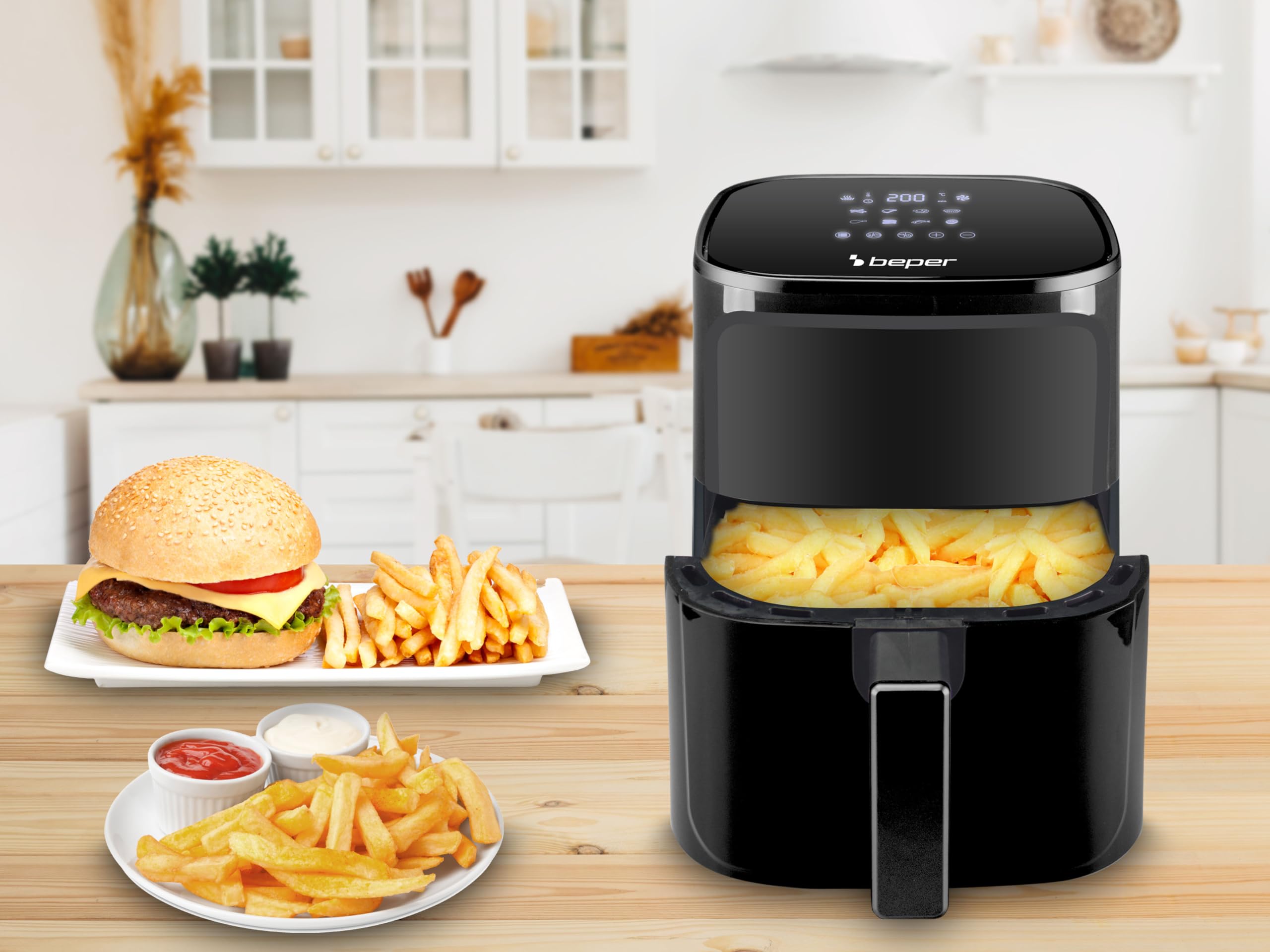 BEPER P101FRI051 Friggitrice ad aria calda, Friggi senza Olio 5 L, Display Touch, 8 Programmi, Regolabile fino 200°C, Timer 60 minuti, Spegnimento automatico, Nero