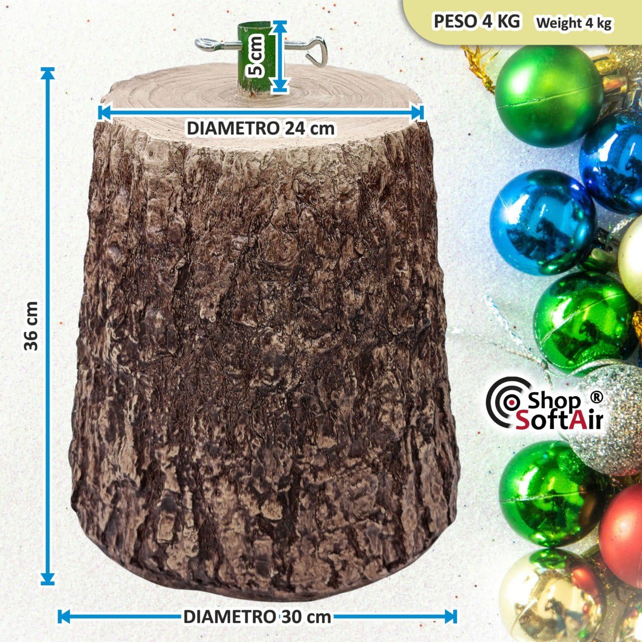 Base Tronco Albero di Natale, Marrone Rustico, 36 cm Altezza x 30 cm Diametro, Design Realistico, Supporto Stabile per Alberi