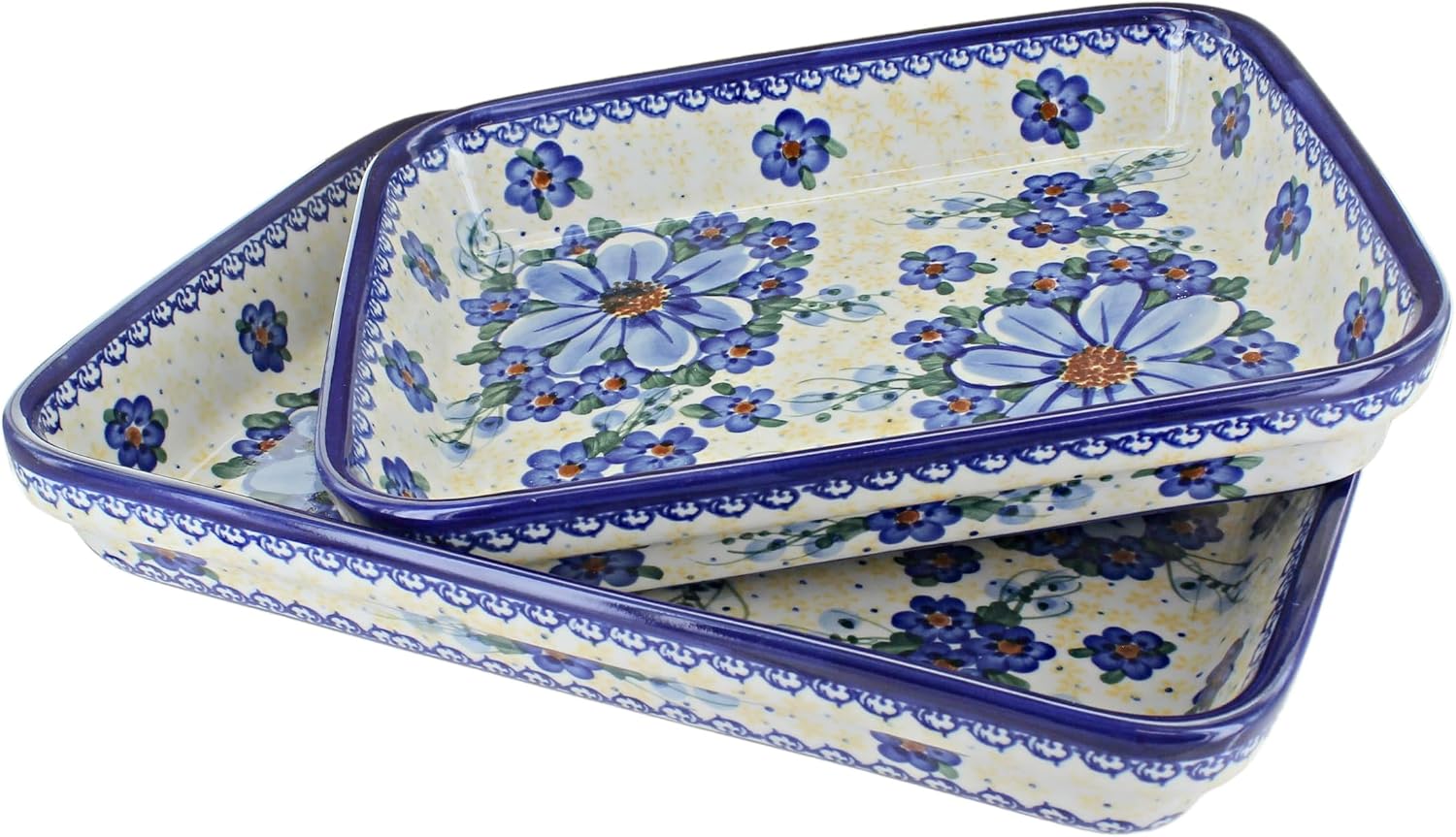 Blue Rose Polish Pottery - Orange Ashley Rectangular Baker Set - 2 Bakers - Unique, Dishwasher Safe, & Durable Bakeware
