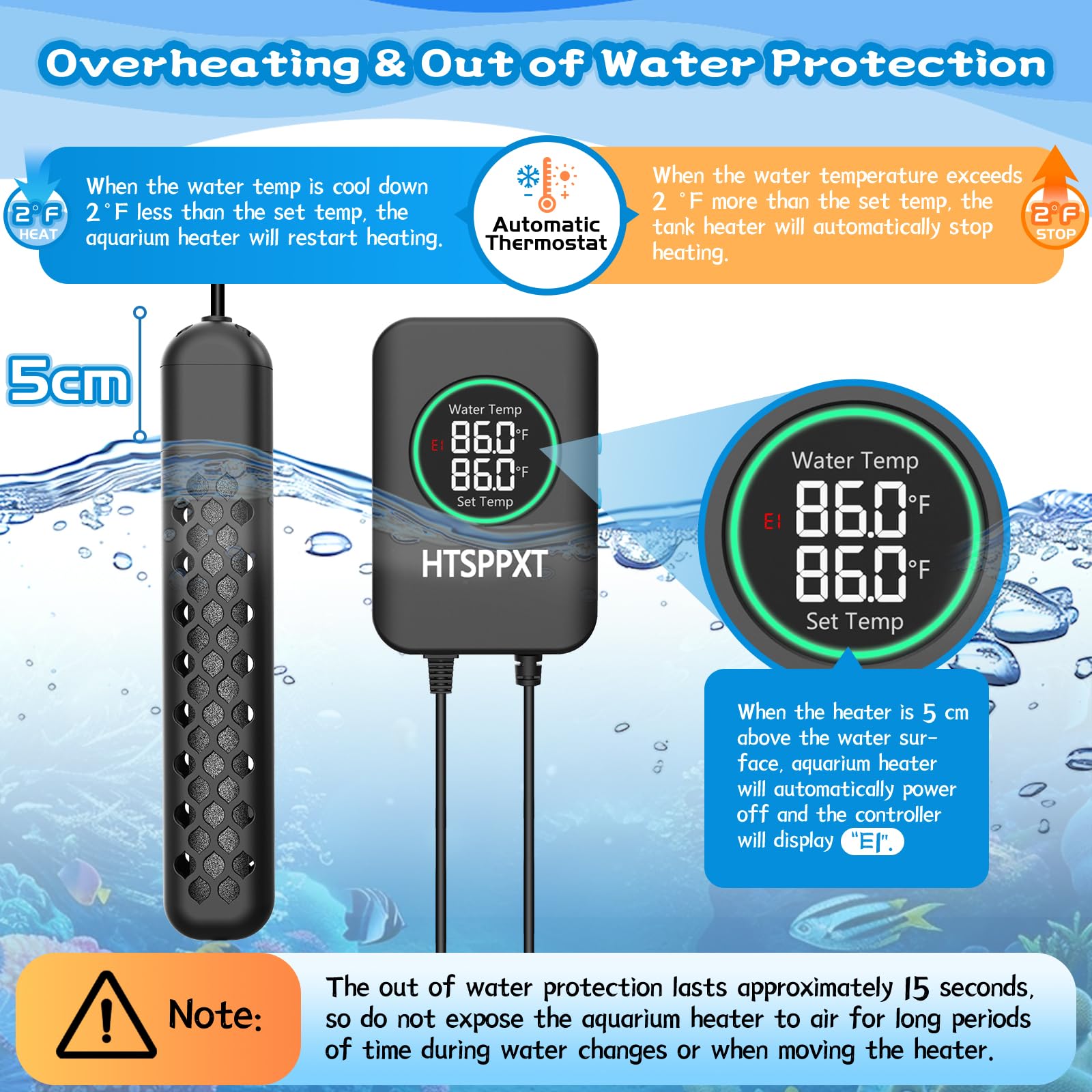 Riscaldatore per acquario, 100 W/200 W/300 W/500 W, riscaldatore regolabile per acquari, con controller digitale intelligente a LED, protezione contro surriscaldamento e fuori dall'acqua per