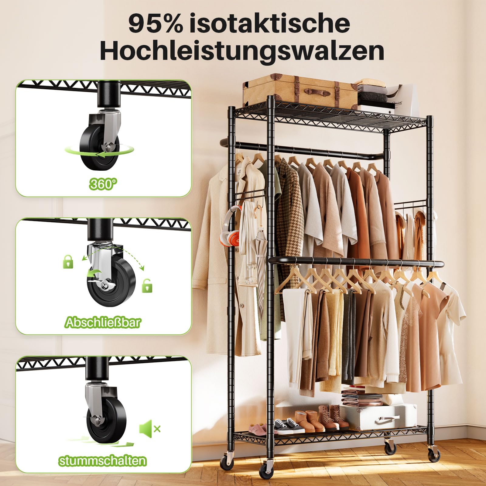 HOKEEPER Heavy Duty draagbaar kastrek met rubberen wielen, kledingrek met rollende draad voor het ophangen van kleding, metalen verstelbare vrijstaande kledingrekken met 6 planken, kledingopbergrek voor kledingkasten