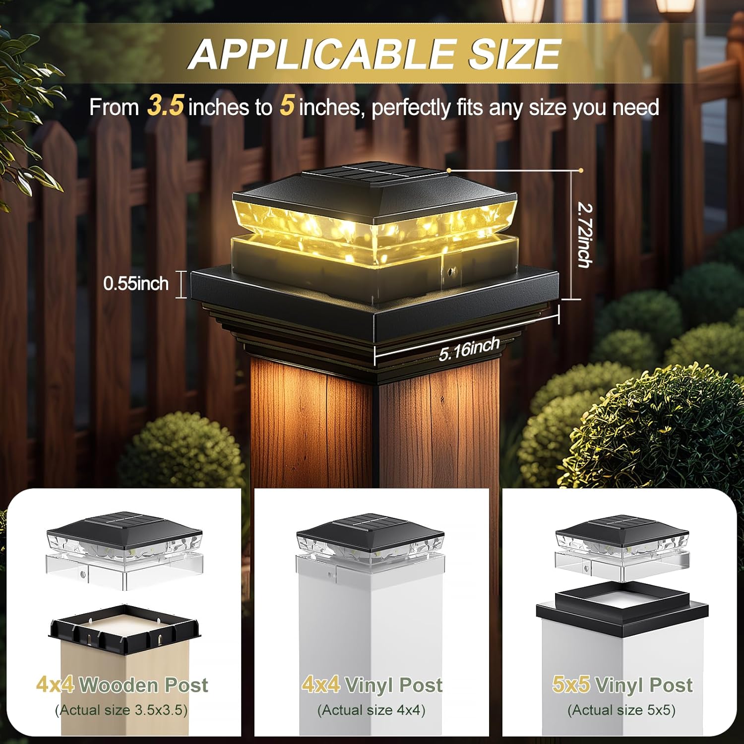 Solar Post Cap Light 6 Packs, Waterproof Fence Post Solar Lights, 4x4 IP65 Black Outdoor Light for Deck Garden & Patio Lights for 3.5x3.5,4x4,5x5 Wood & Vinyl Posts Warm White Lighting