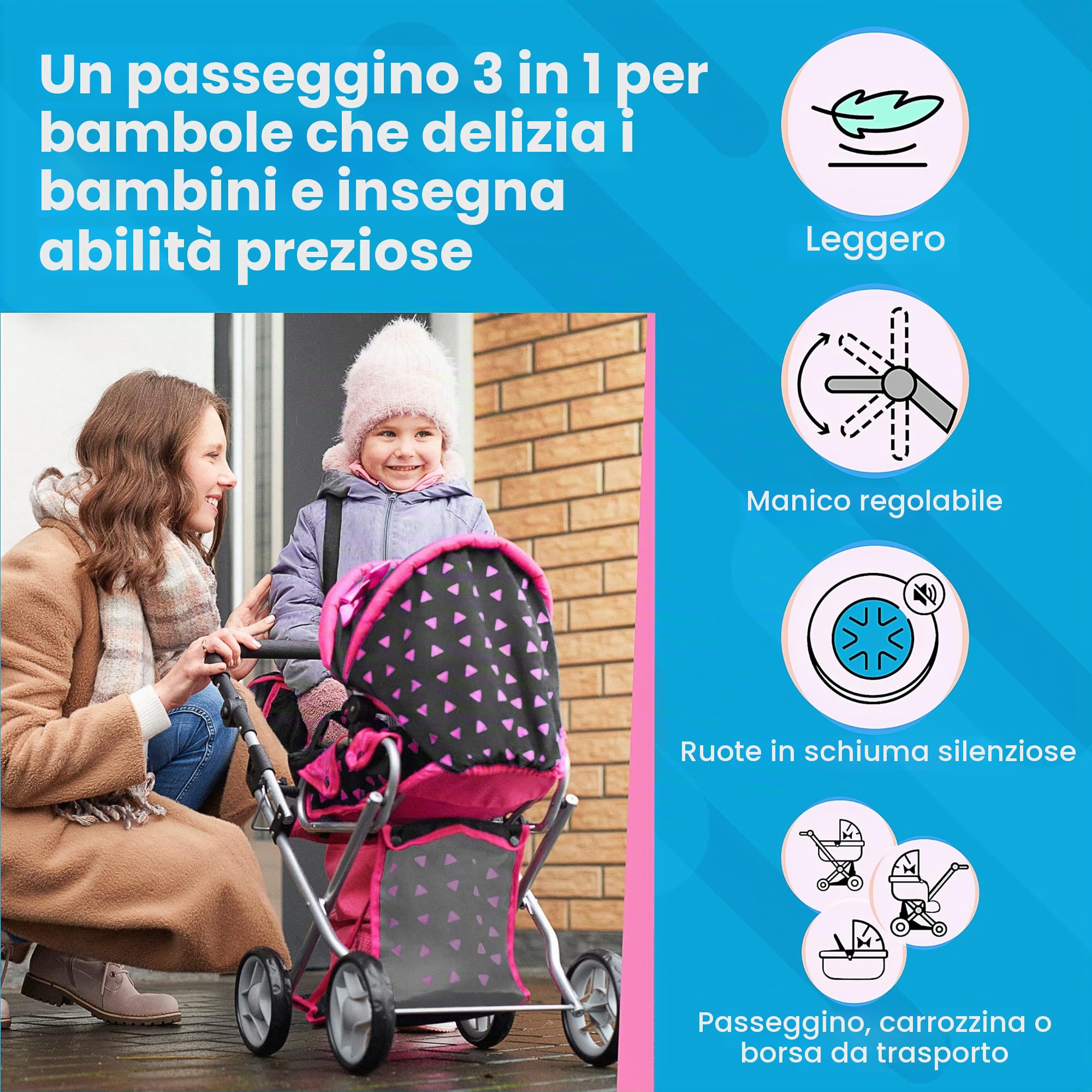 Kinderplay Passeggino per bambole a partire da 1 2 3 anni, giocattolo 3 in 1, per esterni, con borsa per il trasporto rimovibile e borsa a tracolla, regolabile in altezza fino a 62 cm, KP0200R