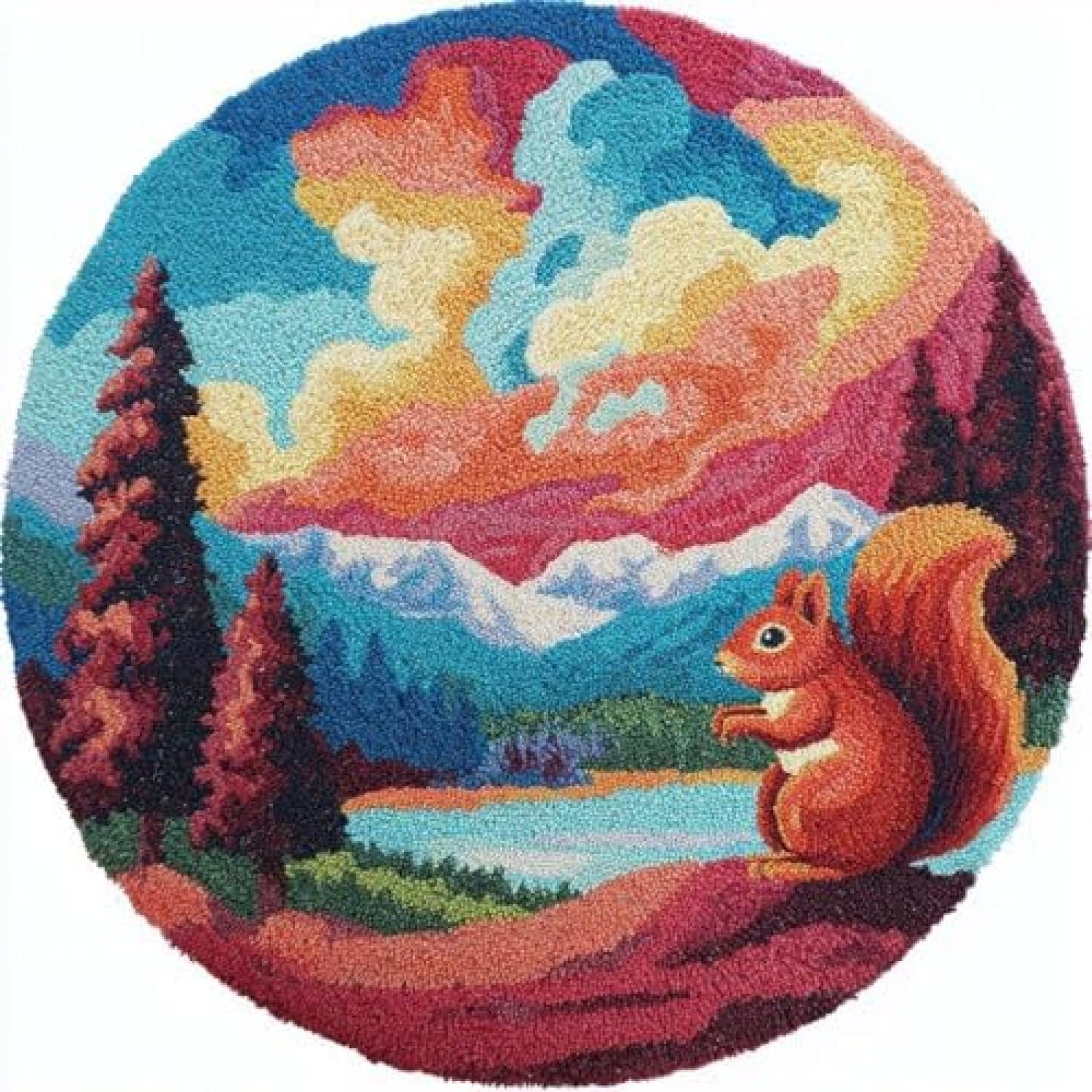 XDEGHUANGSS Latch Hook Rug Kit Squirrel and Mountains Round Rug 52x52cm