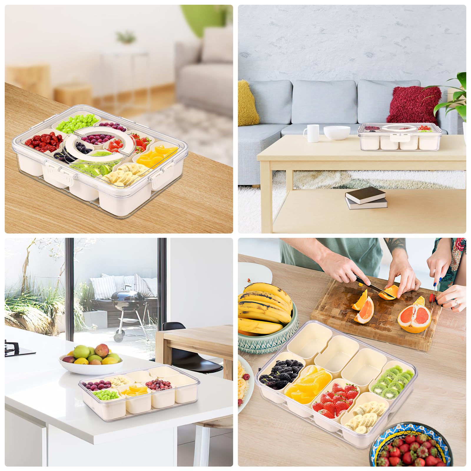 2 bandejas divididas para servir con tapa y asa, 8 compartimentos, caja de aperitivos para dulces, frutas, nueces y especias, contenedor portátil para fiestas de entretenimiento, picnic