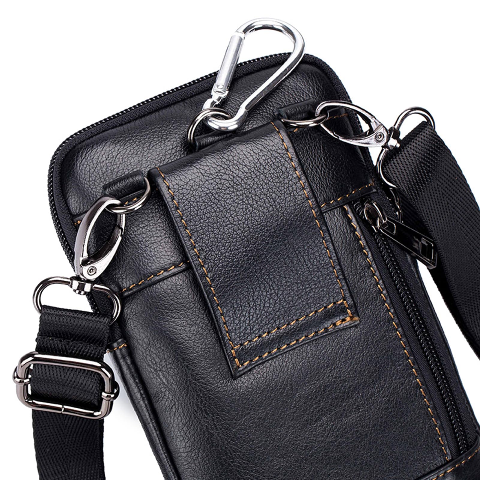 Pundarika Sacoche Homme en Cuir Bandoulière – Sac Banane 3-en-1 Ceinture & Épaule, Pochette Téléphone Portable, Petit Sac Bandoulière Vintage pour Homme, Voyage & Quotidien (Noir)