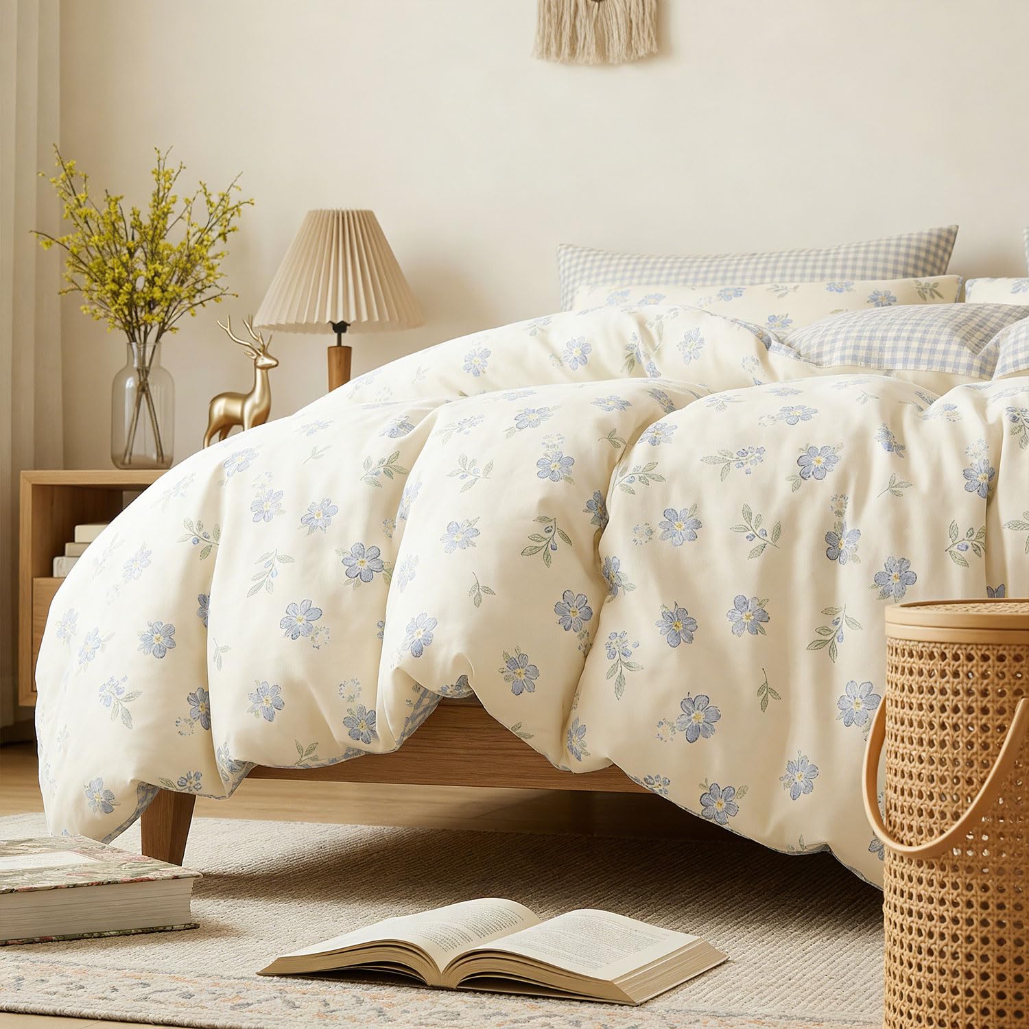 Sedefen Housse de Couette 240x260 Motif Feuilles + 2 Taies d'oreiller 65x65 cm,Vichy Bleu Beige Fleur Parure de lit Adulte 2 Personnes Linge de Lit en Microfibre avec Fermeture Éclair