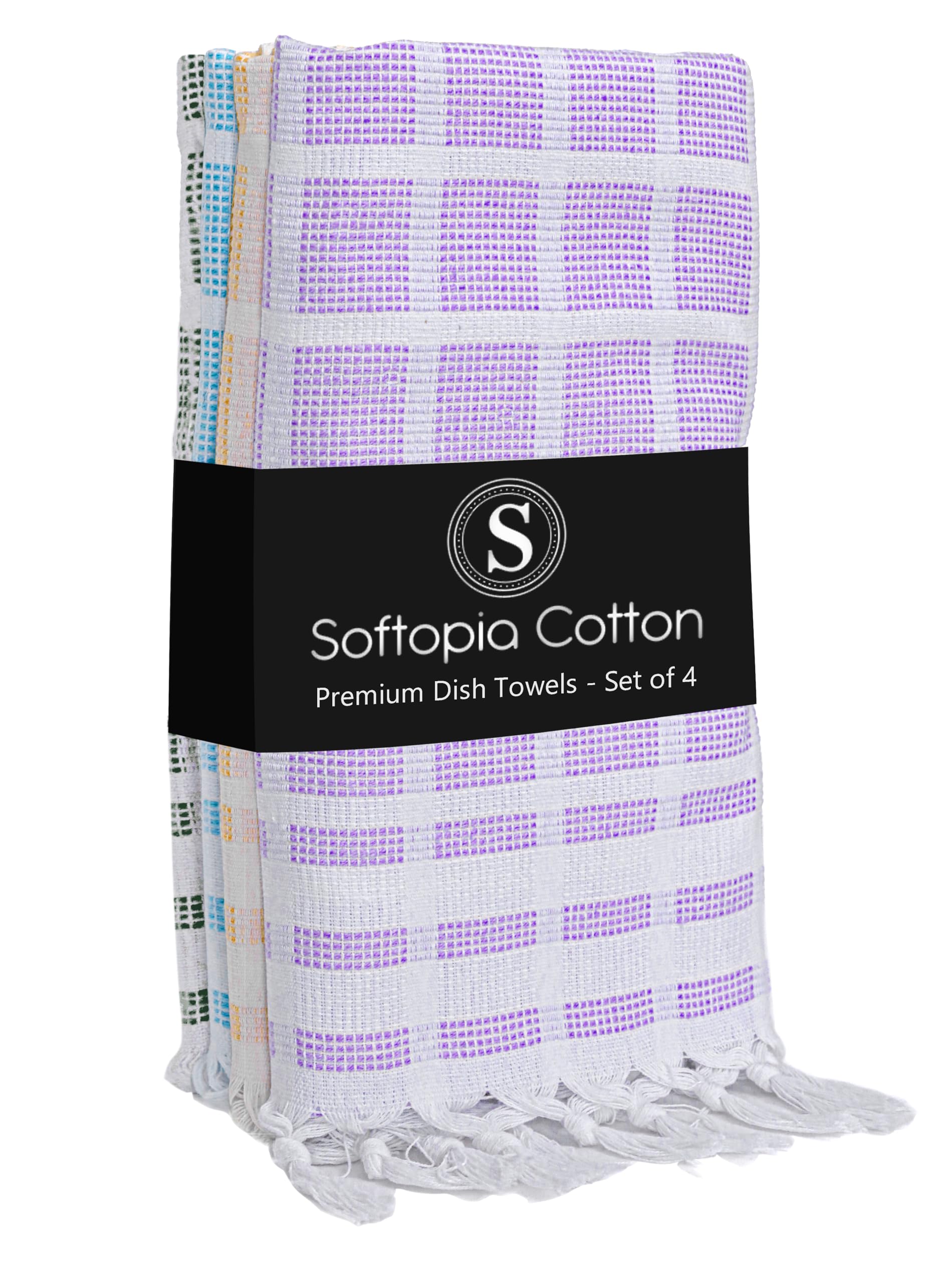 4 Pack Combo Colors Matrix Kitchen Towels, 100% Cotton, 16"x26", Absorbent Tea Towel with Handmade Tassels, Reusable Cleaning Cloths - Lavender, Sandal Yellow, Aqua Blue, Forest Green