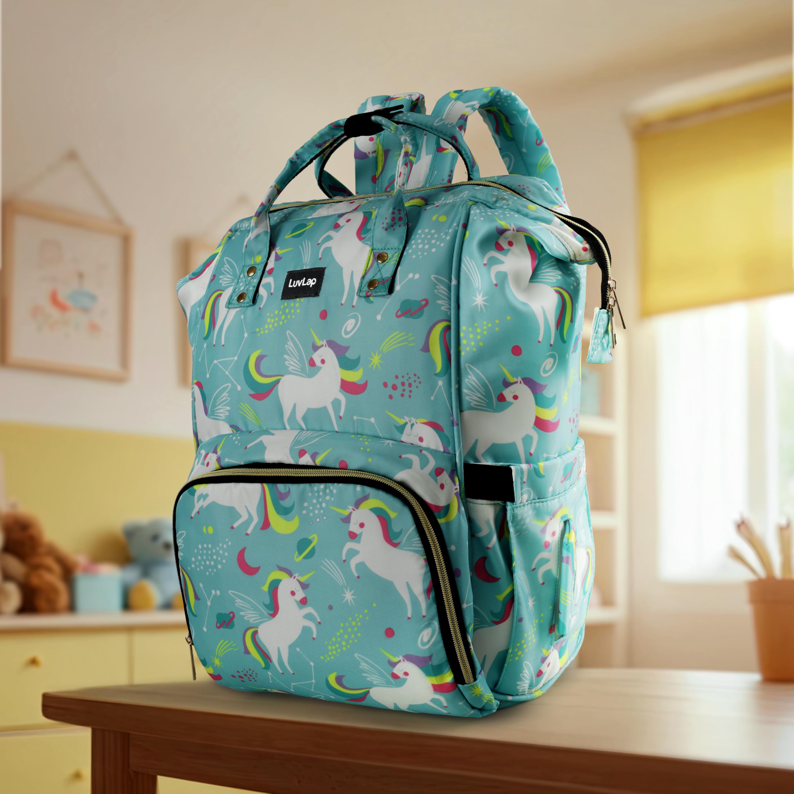 LuvLap Multifunctional Waterproof Diaper Bag for Mothers for Travel, Mother Travel Bag, Premium Oxford Waterproof Material, Large storage capacity with 15 pockets, Green Unicorn (all over print)-image-5