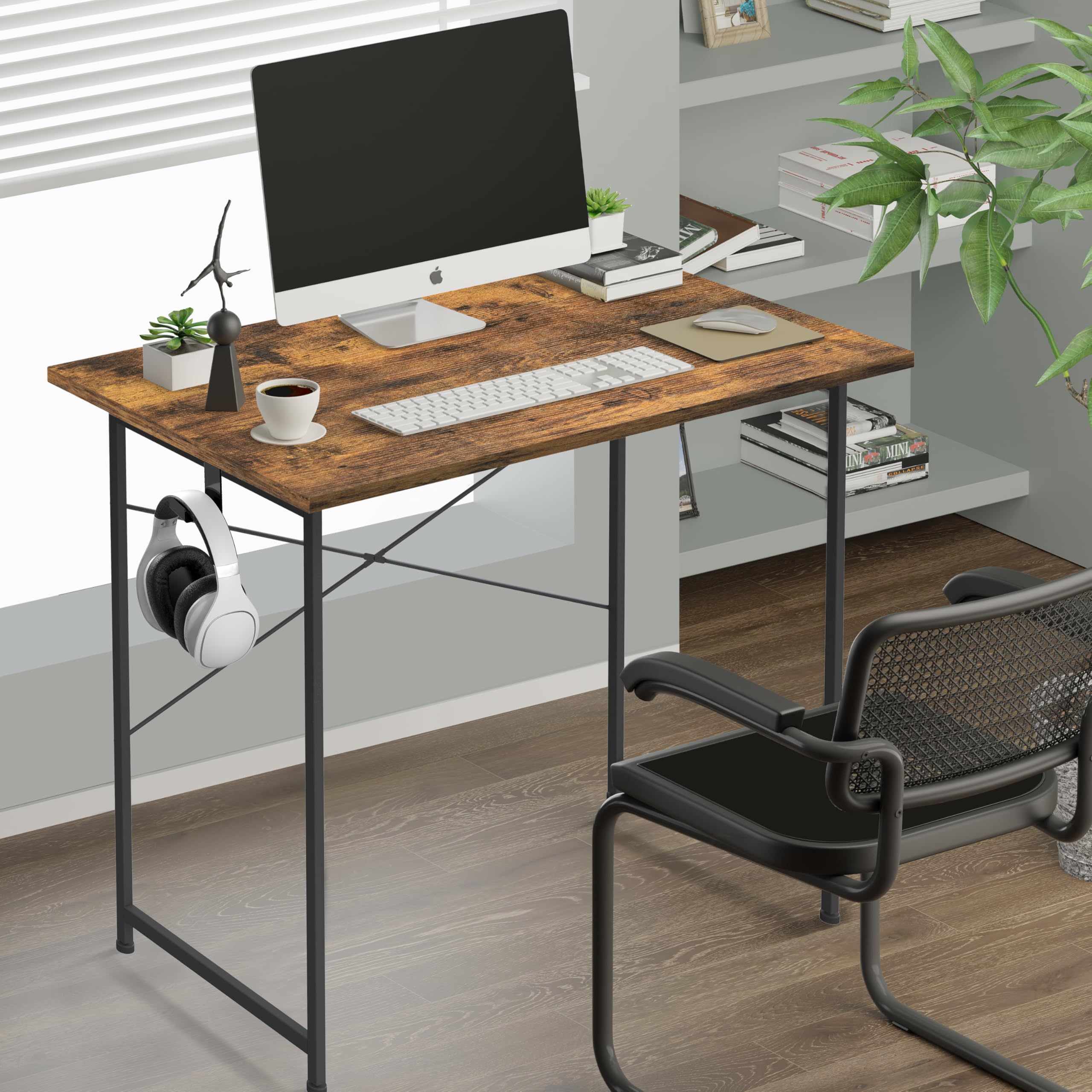 YSSOA Kleiner Schreibtisch mit Kopfhörerhaken, modernes Schlichtes Design, geeignet für Arbeitszimmer, Heimbüro und Wohnzimmer