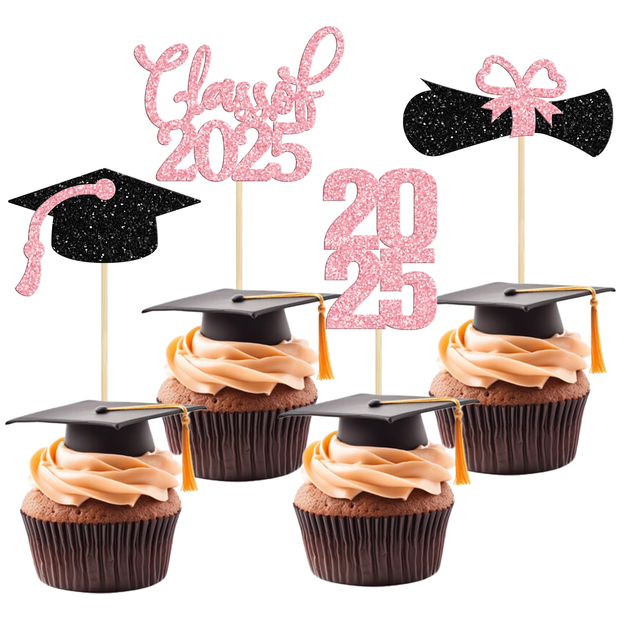 36 Pack 2025 Graduation Theme Cupcake Toppers Glitter Class of 2025 Diploma Graduation Cap Cupcake Picks 2025 Graduation Theme Party Cake Decorations Supplies Pink
