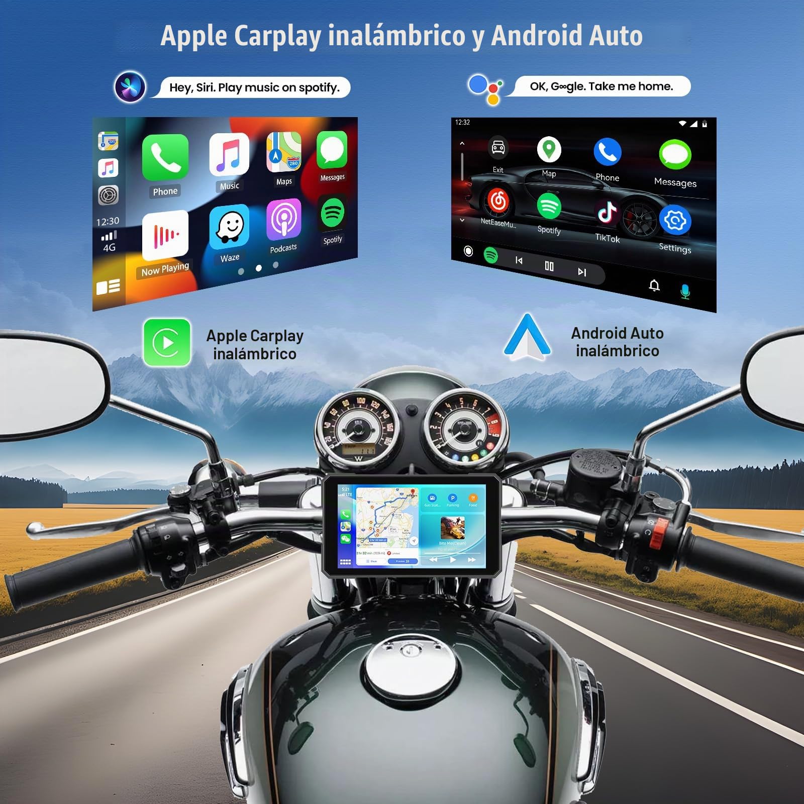 [2026 Nuevo] CAMECHO Pantalla Táctil de 5'' CarPlay Inalámbrico para Moto con Detección de Presión de Neumáticos, GPS Moto y Coche con CarPlay Inalámbrico Android Auto Bluetooth IP67 Impermeable 12V