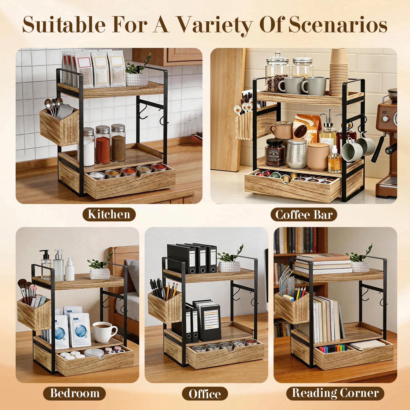 Organizador de estación de café, organizador de barra de café de 3 niveles con cajón de cesta y ganchos para tazas, accesorios de barra de café de madera, organizador de estante de almacenamiento para