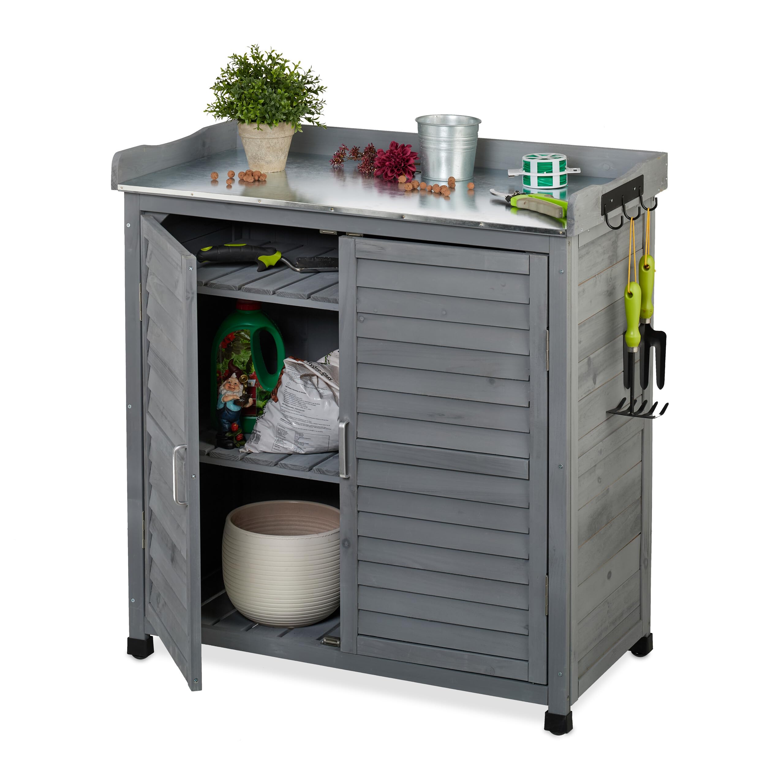 Relaxdays Tavolo da Lavoro per Giardinaggio, 3 Ganci, Banco Lavoro Giardino, Armadietto Legno, HLP: 92x90x45 cm, Grigio