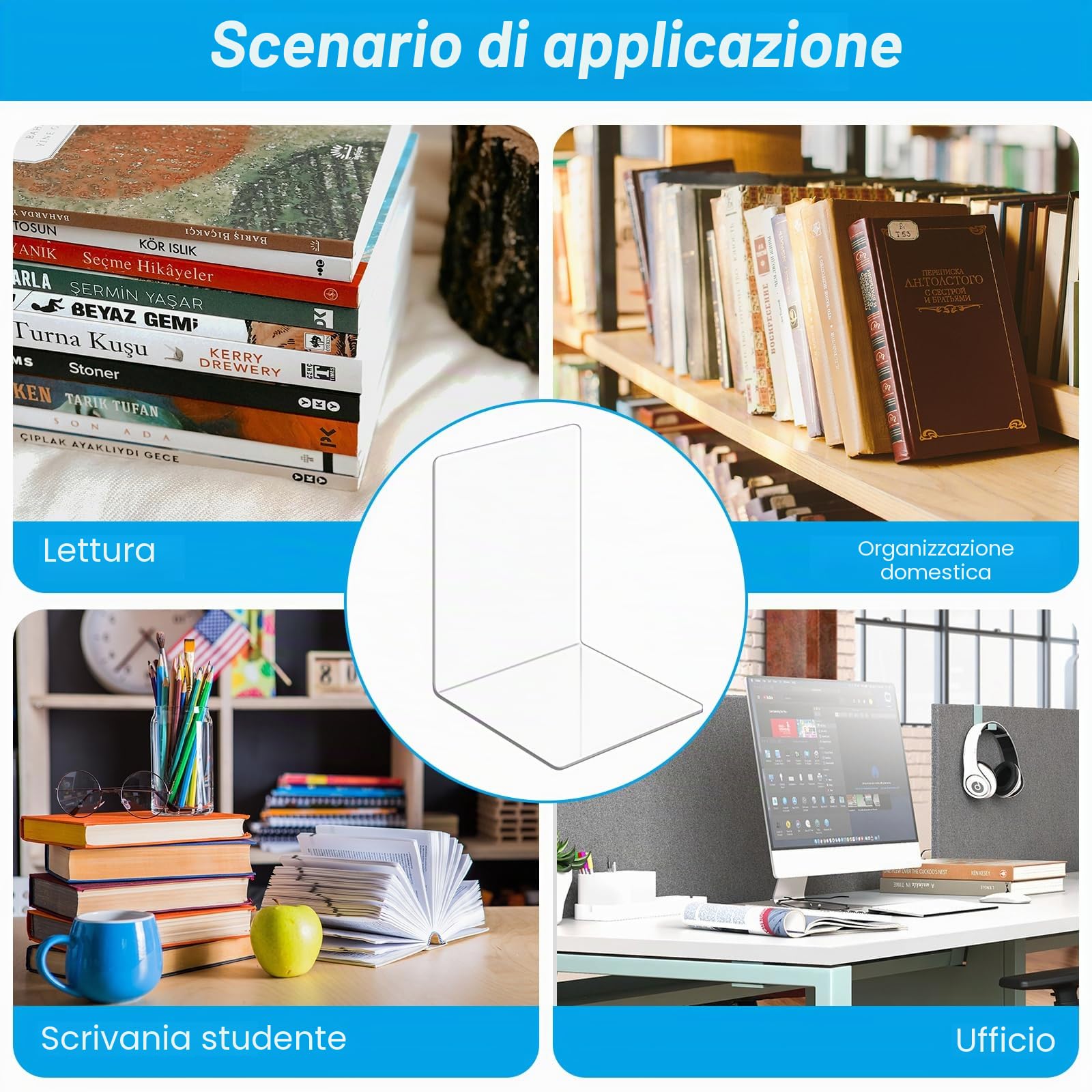 Fermalibri Acrilico Trasparente 8 Pezzi UCAMP per Mensole Libreria