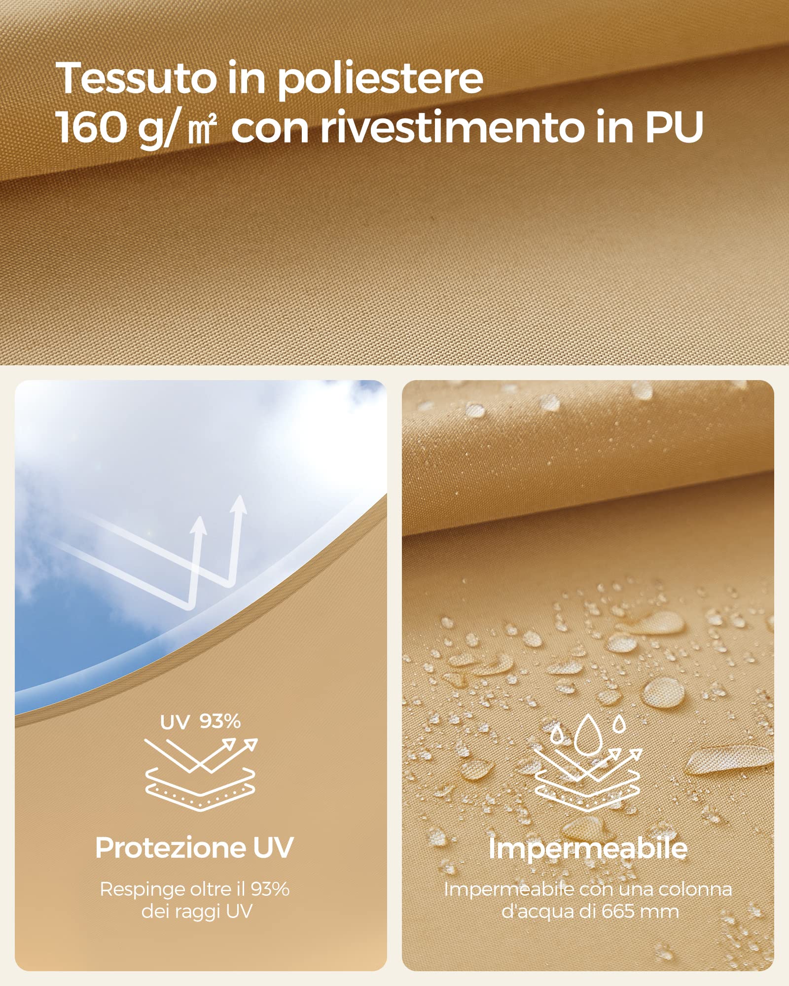 SONGMICS GSH23EY Tenda parasole impermeabile 2x3 m, colonna d'acqua 665 mm, protezione UV 93%