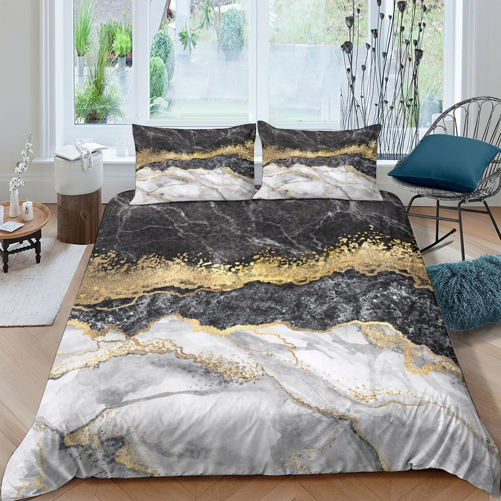Ctjqhvkz Style-2 3D Printed Marble Gold Black Fitted Sheet Microfiber Soft Breathable Abstract Texture Bed Sheet For Bedroom Guestroom Decor Single（135X200cm）