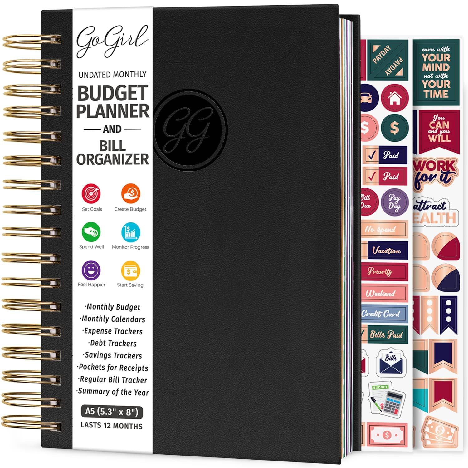 GoGirl Budget Planner & Monthly Bill Organizer – Monthly Financial Book with Pockets. Expense Tracker Notebook Journal to Control Your Money, Compact Spiral-Bound Hardcover, Lasts 1 Year – Black