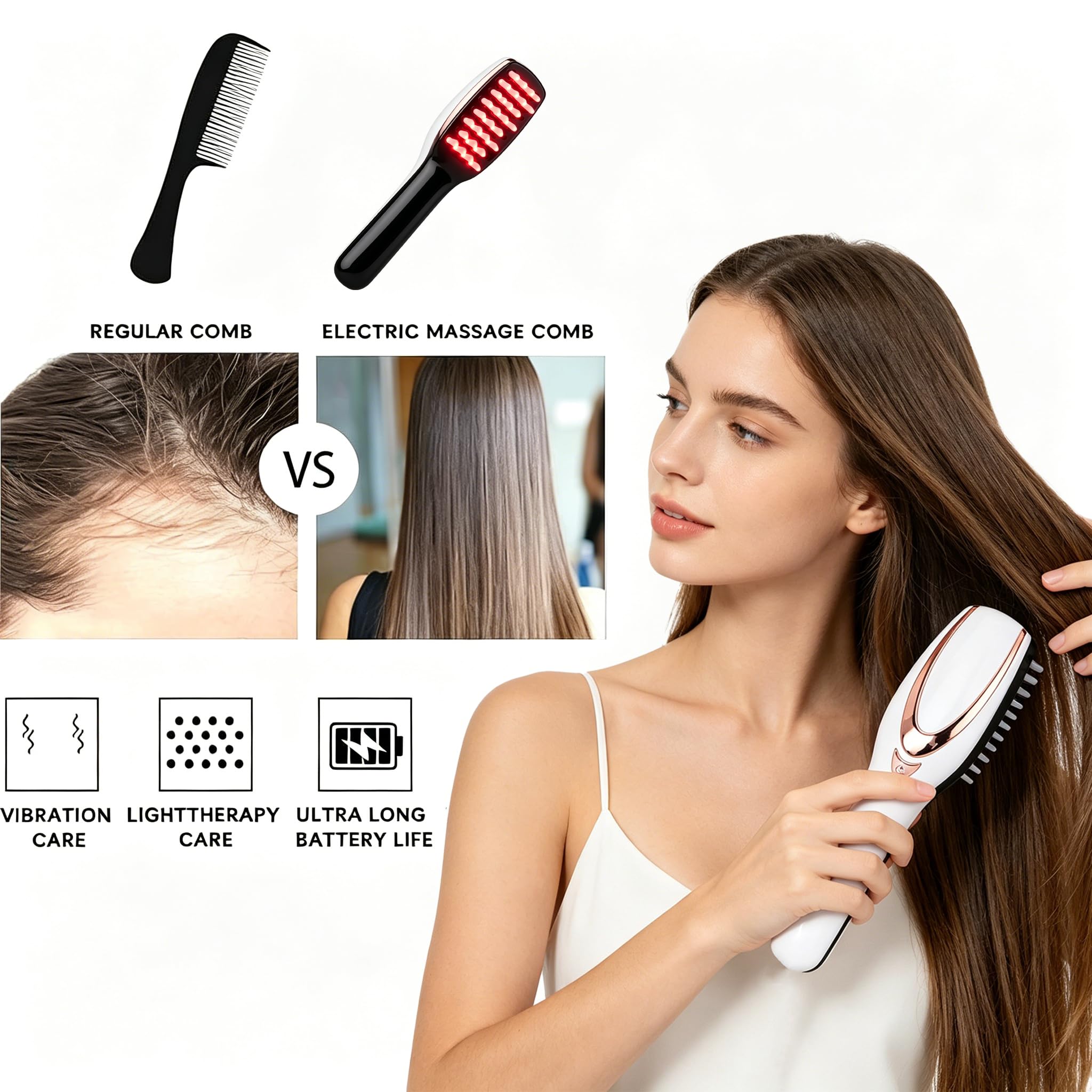 Peine de masaje eléctrico para cuero cabelludo con luz LED roja y azul, 3 niveles de intensidad de vibración, cepillo de pelo recargable con 28 nudos suaves, portátil, para hombre y mujer